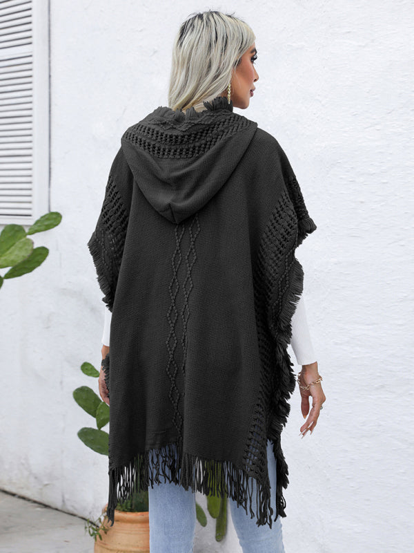Women's casual loose V-tie hooded pullover mid-length sweater vest cloak top jacket
