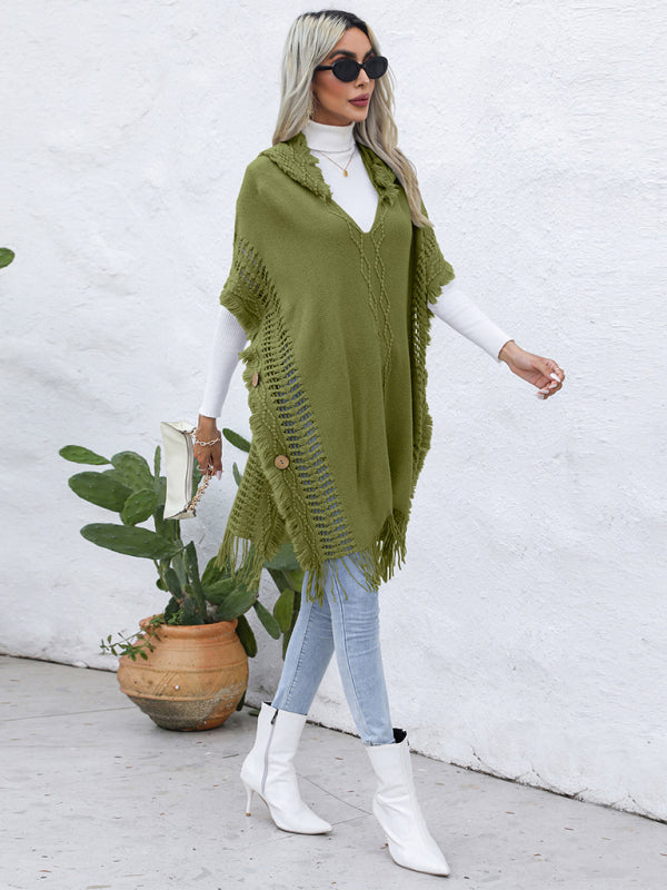 Women's casual loose V-tie hooded pullover mid-length sweater vest cloak top jacket