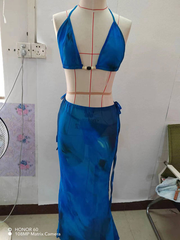 Women's new printed sexy bikini strappy skirt casual suit