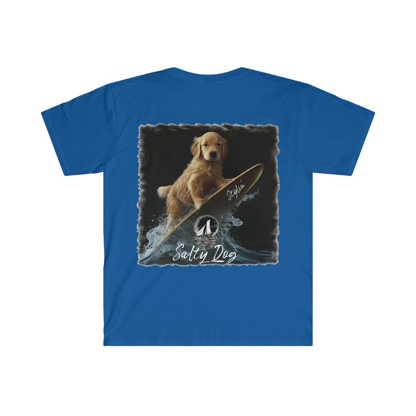 STYLIN' SALTY DOG  Surfing Sailboat Puppy framed Men's  Soft Style T-Shirt in Colors - OCEANE