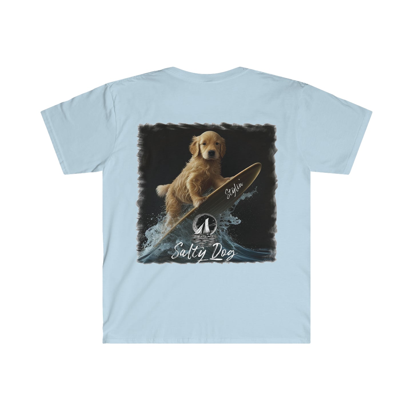 STYLIN' SALTY DOG  Surfing Sailboat Puppy framed Men's  Soft Style T-Shirt in Colors - OCEANE