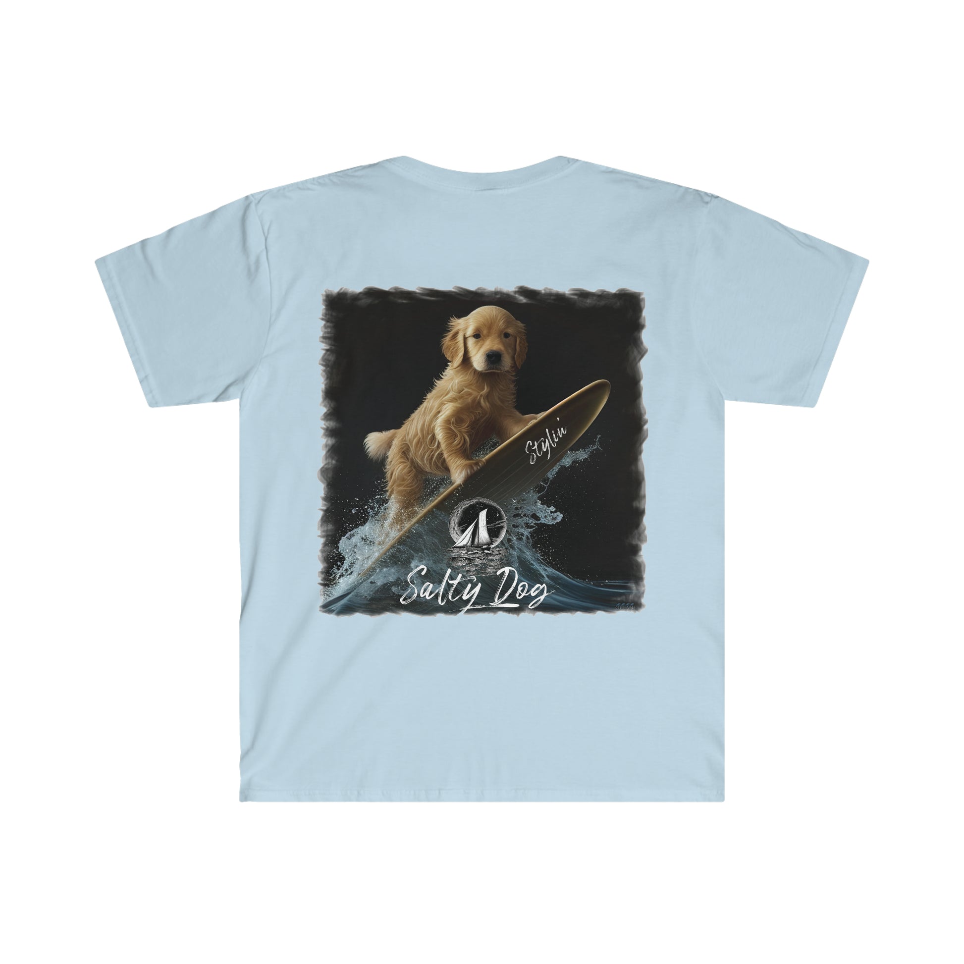 STYLIN' SALTY DOG  Surfing Sailboat Puppy framed Men's  Soft Style T-Shirt in Colors - OCEANE