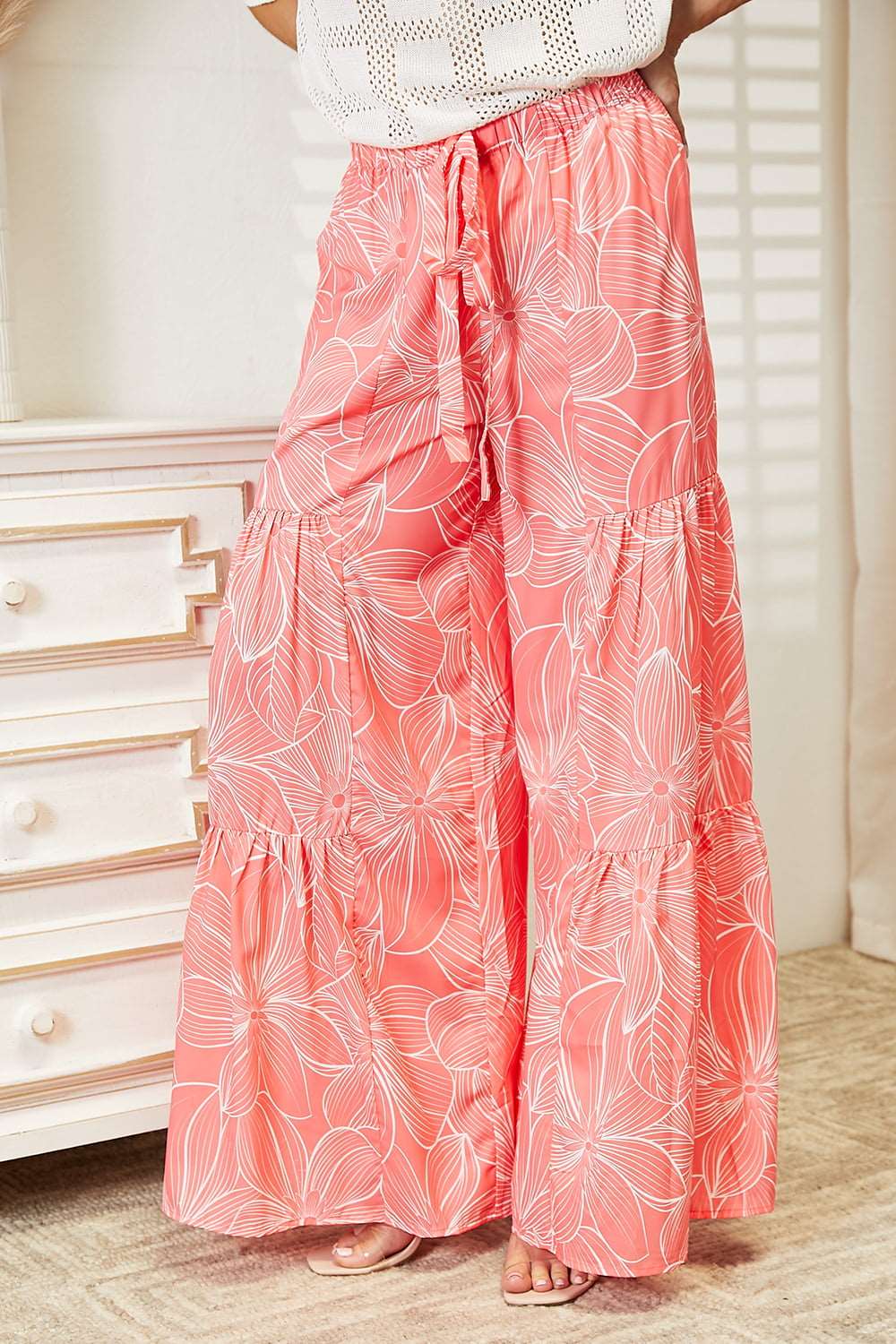 Double Take Floral Tiered Wide Leg Pants - OCEANE