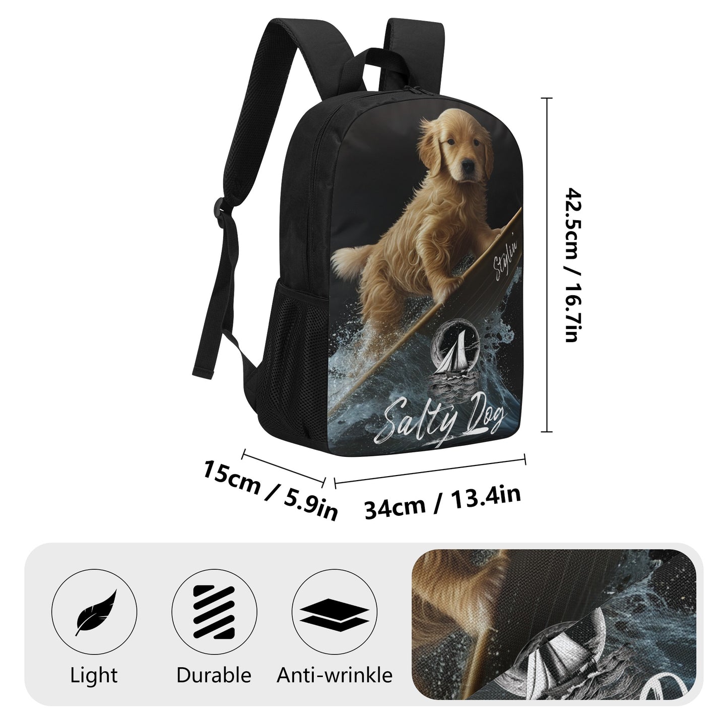 Puppy Backpack Surfing Style Kids Adult 17 Inch School Backpack - OCEANE