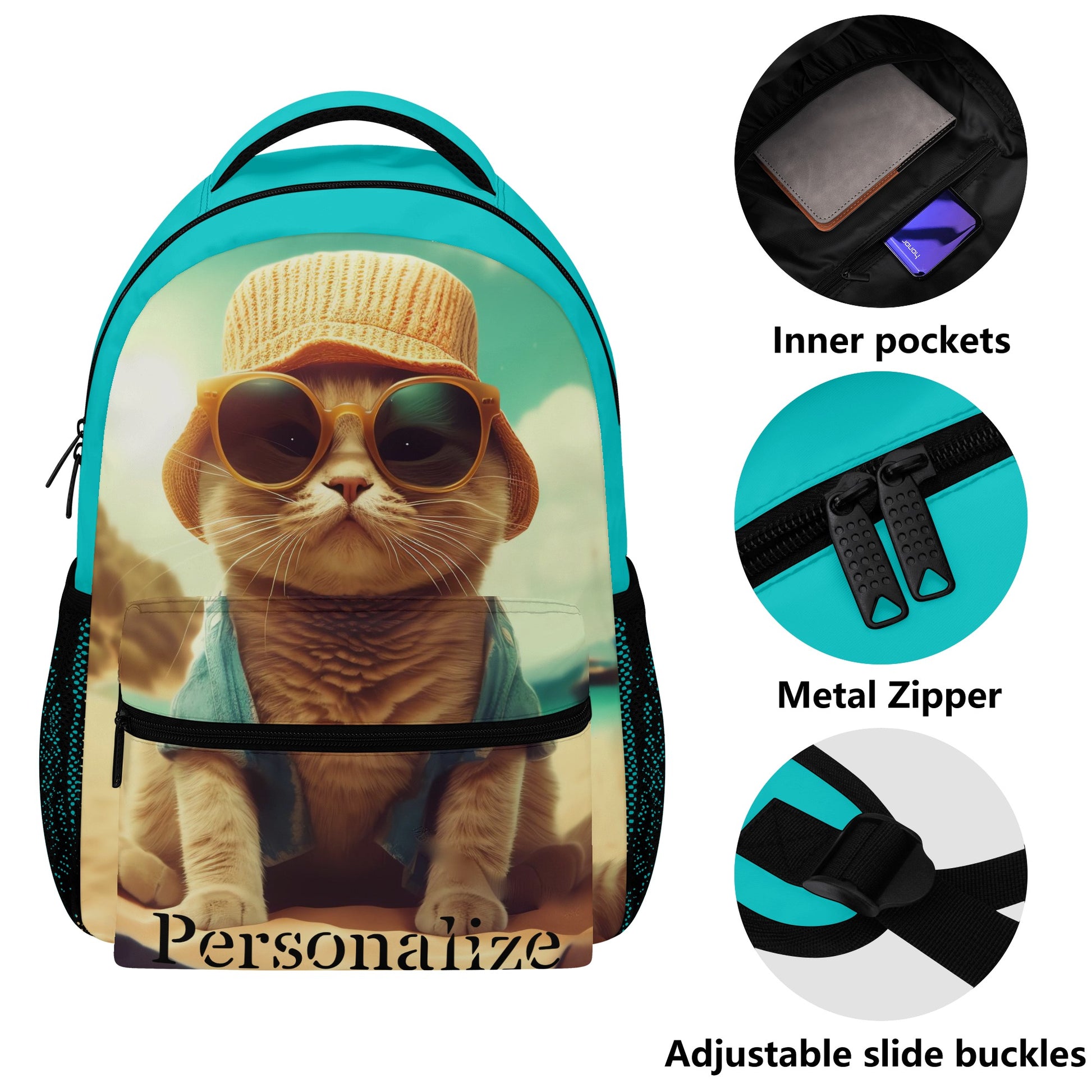 Personalized Backpack Beach Kitty Cat Casual Style School Supply Bag - OCEANE