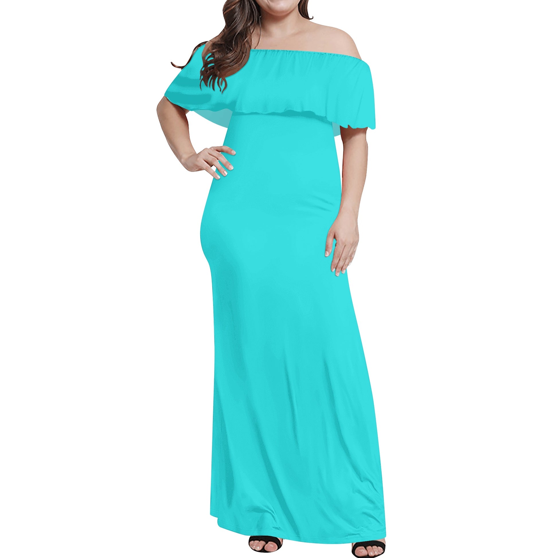 Womens Off-shoulder All Occasion Long Dress for Beach and Fine Dining in White, Teal & Black - OCEANE