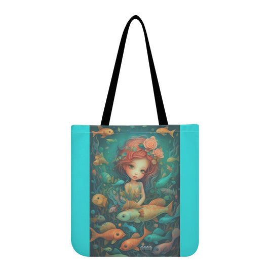 Mermaid Fish Friends Cloth Tote Bag Beautiful!  Teal, Tan, & Black - OCEANE