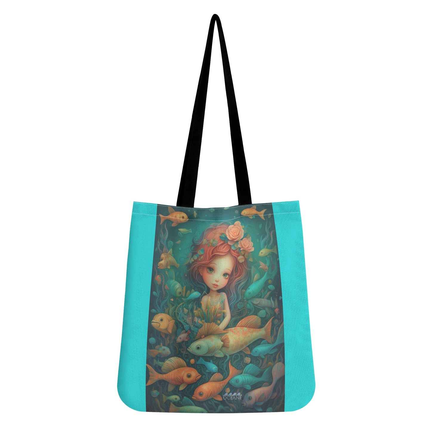 Mermaid Fish Friends Cloth Tote Bag Beautiful!  Teal, Tan, & Black - OCEANE