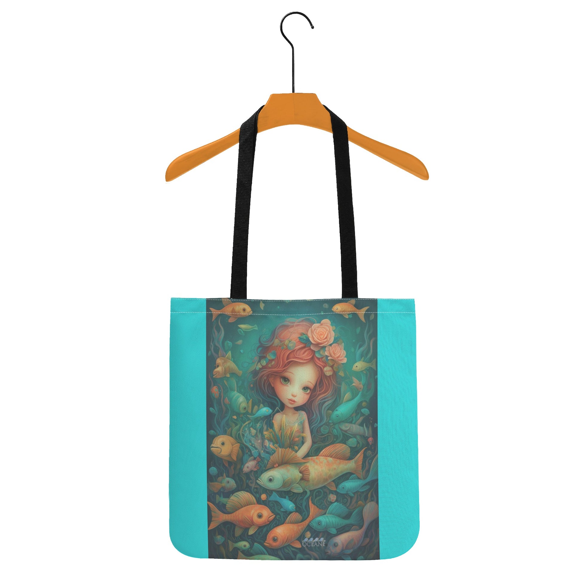 Mermaid Fish Friends Cloth Tote Bag Beautiful!  Teal, Tan, & Black - OCEANE