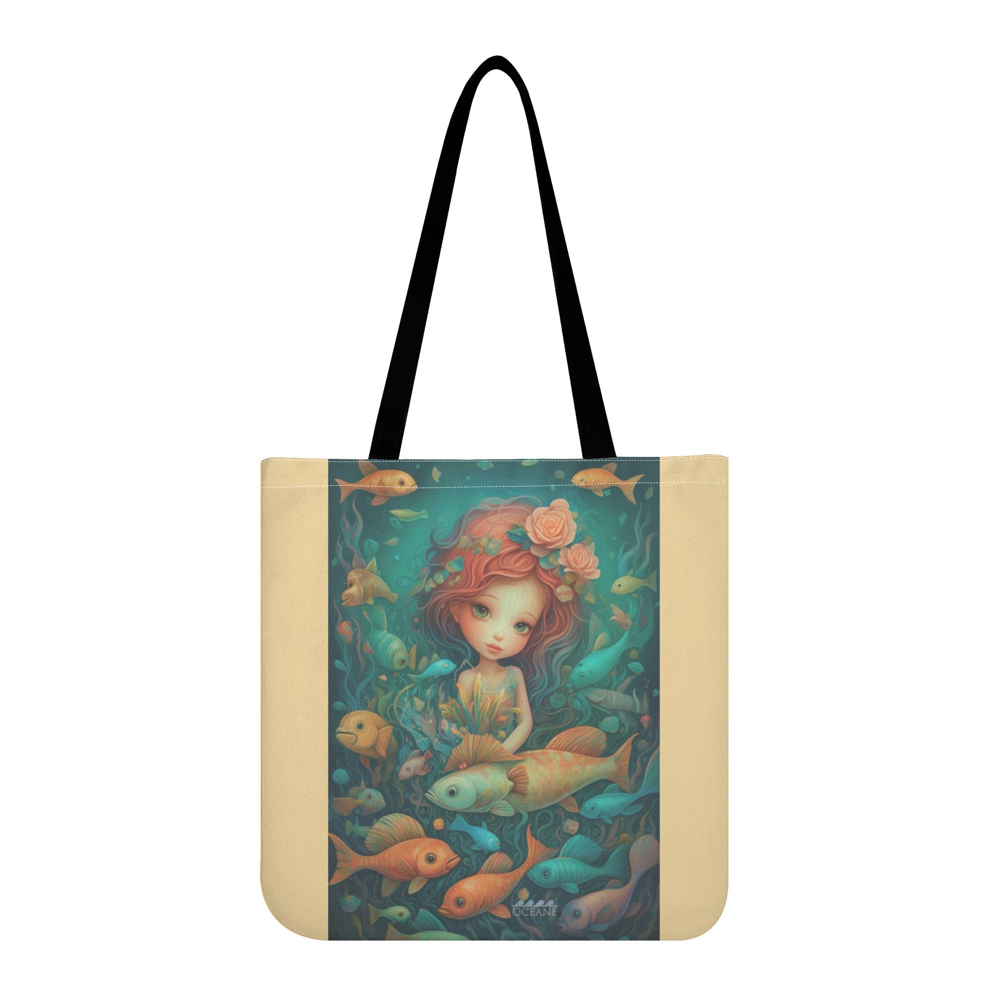 Mermaid Fish Friends Cloth Tote Bag Beautiful!  Teal, Tan, & Black - OCEANE