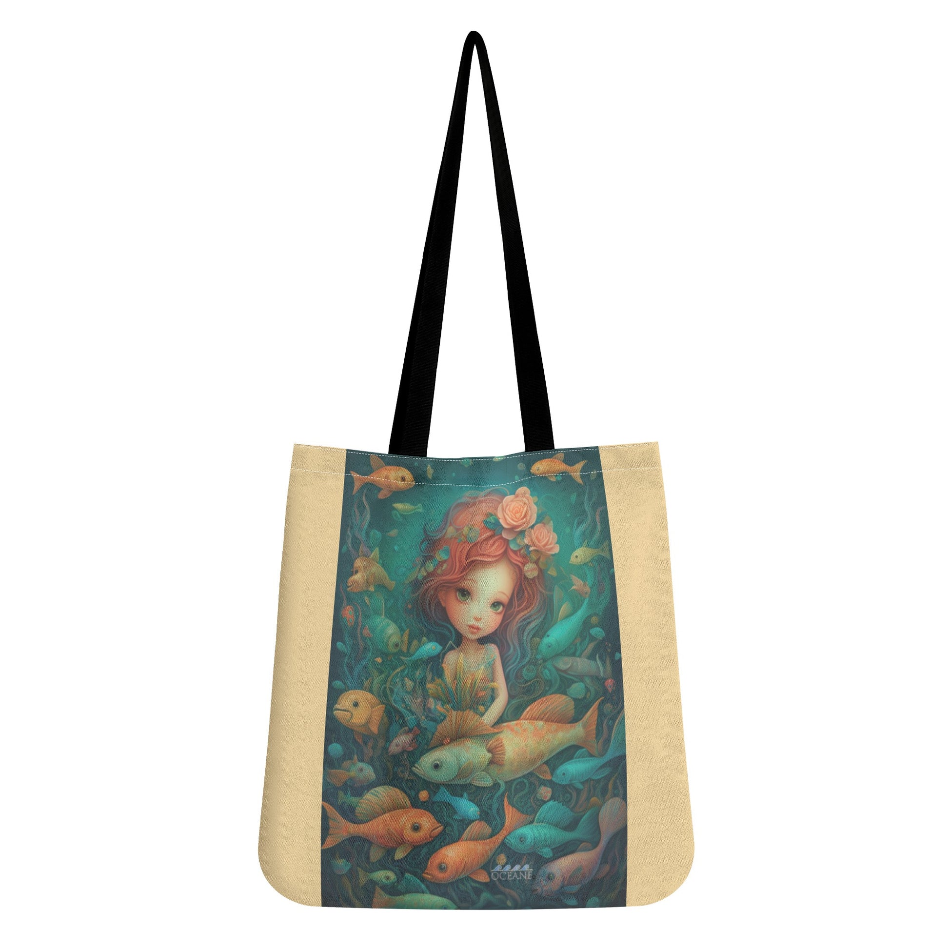 Mermaid Fish Friends Cloth Tote Bag Beautiful!  Teal, Tan, & Black - OCEANE