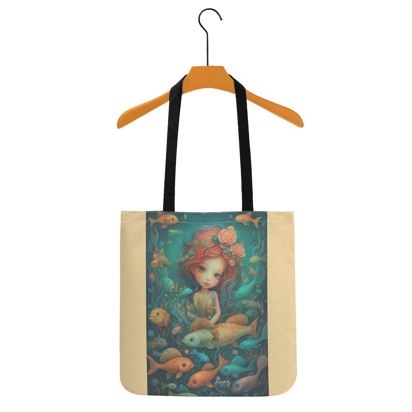 Mermaid Fish Friends Cloth Tote Bag Beautiful!  Teal, Tan, & Black - OCEANE