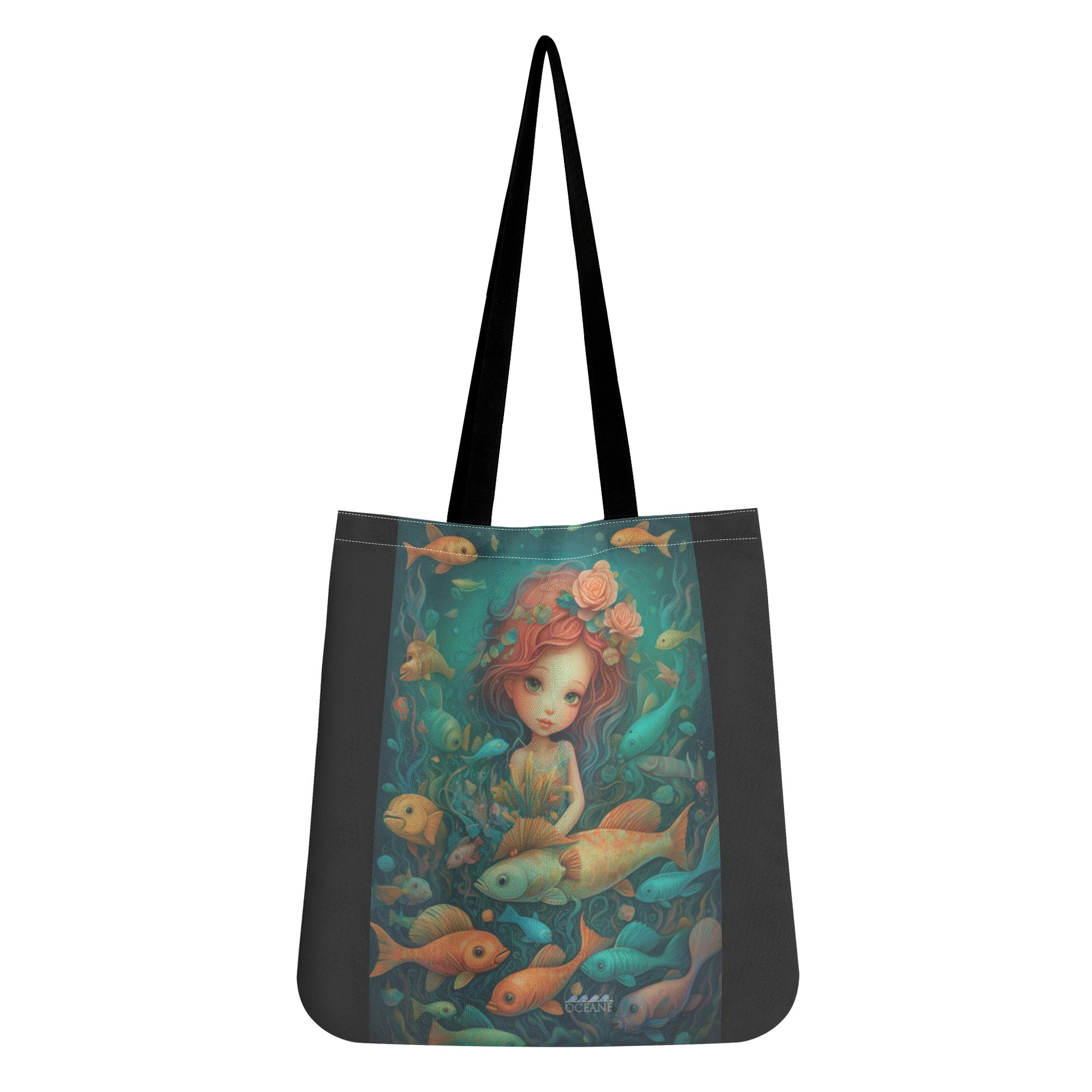 Mermaid Fish Friends Cloth Tote Bag Beautiful!  Teal, Tan, & Black - OCEANE