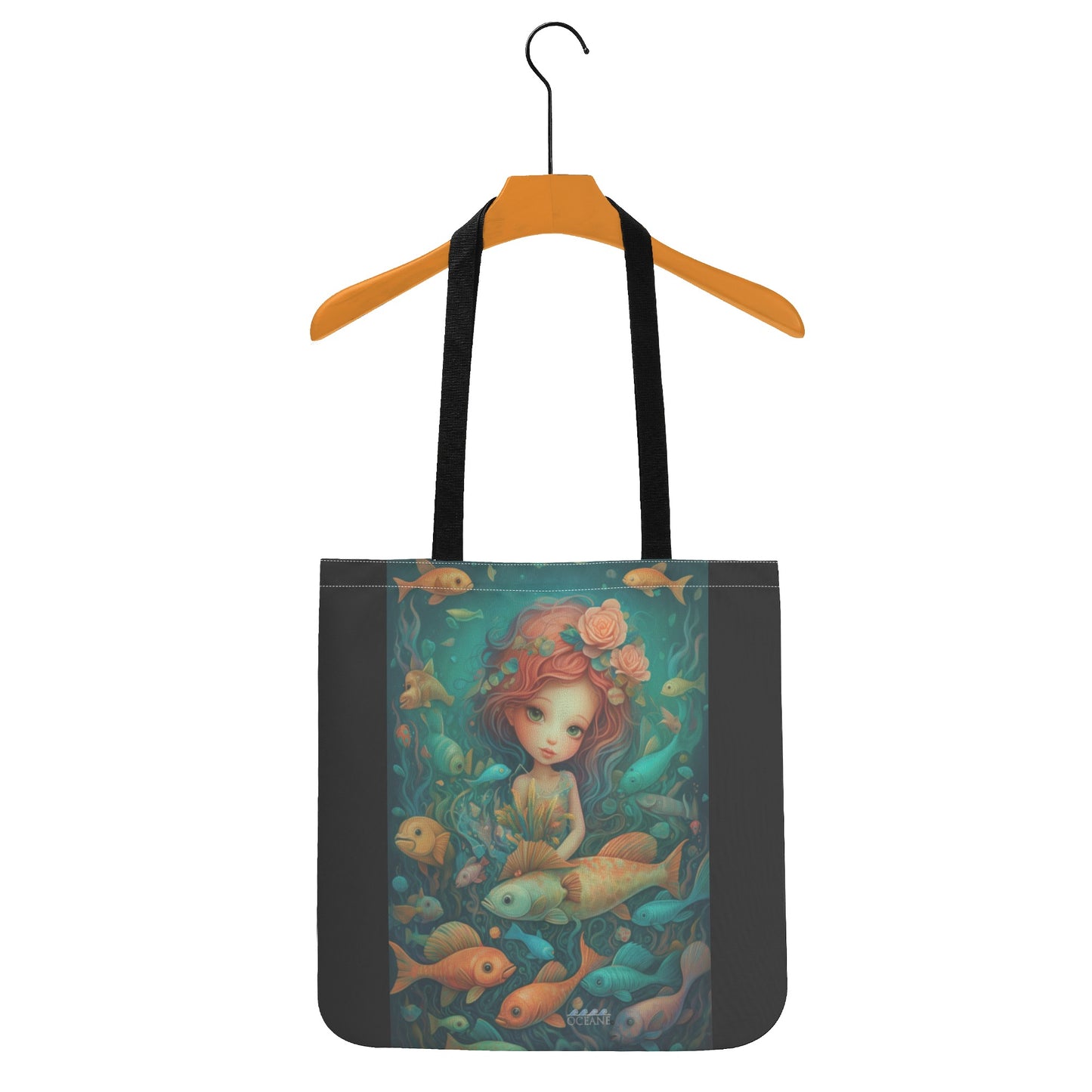 Mermaid Fish Friends Cloth Tote Bag Beautiful!  Teal, Tan, & Black - OCEANE