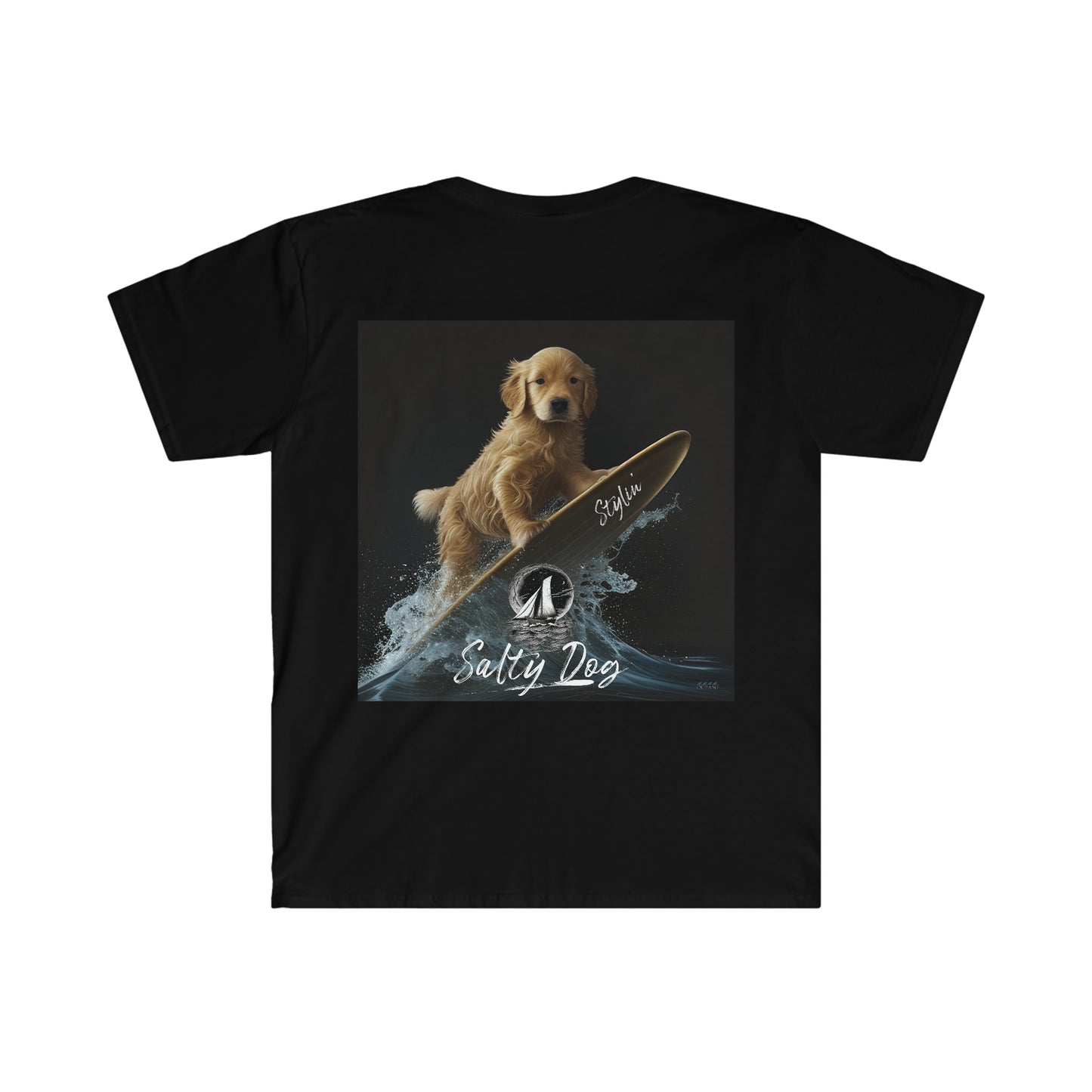 STYLIN' SALTY DOG Surfing Sailboat Puppy Men's Soft Style BLACK T-Shirt - OCEANE