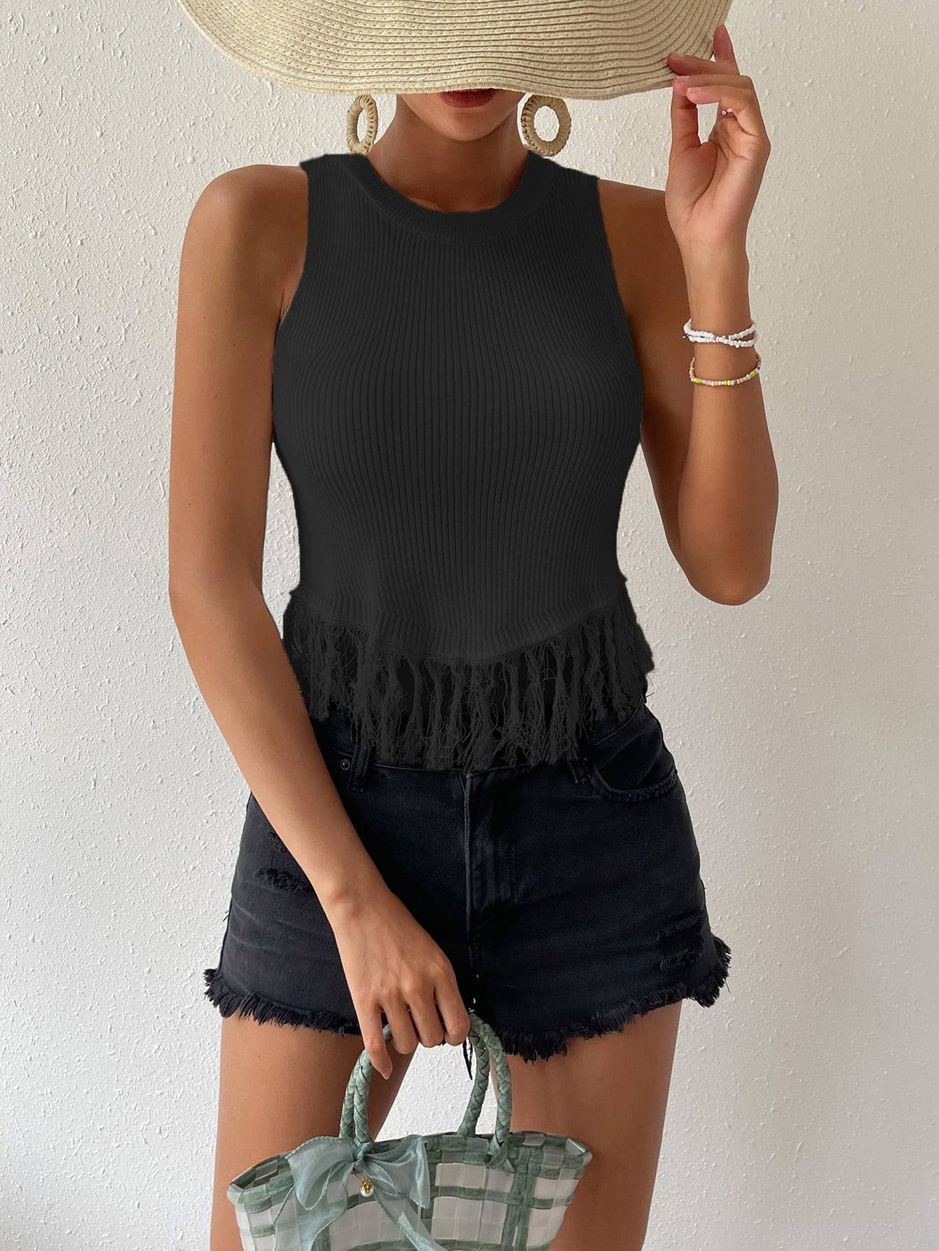 Fringe Hem Round Neck Ribbed Knit Tank - OCEANE