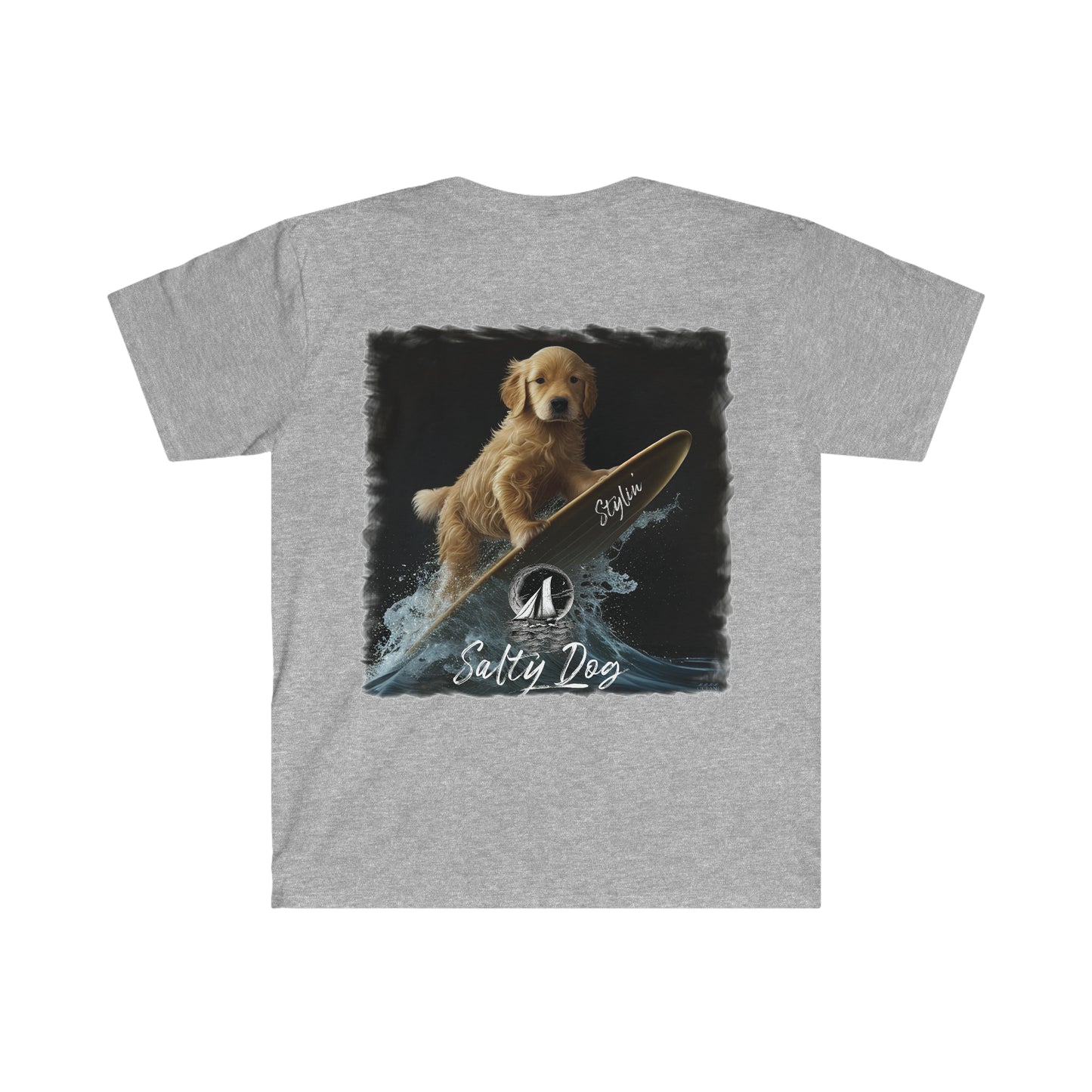 STYLIN' SALTY DOG  Surfing Sailboat Puppy framed Men's  Soft Style T-Shirt in Colors - OCEANE