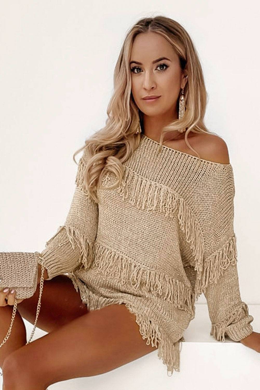 Fringe Detail Long Sleeve Sweater - OCEANE