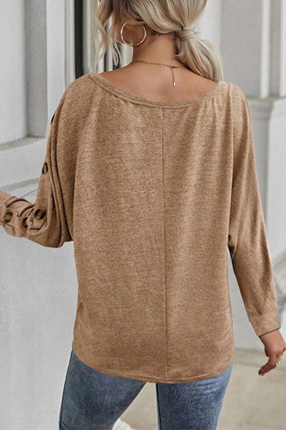 Boat Neck Buttoned Long Sleeve T-Shirt - OCEANE