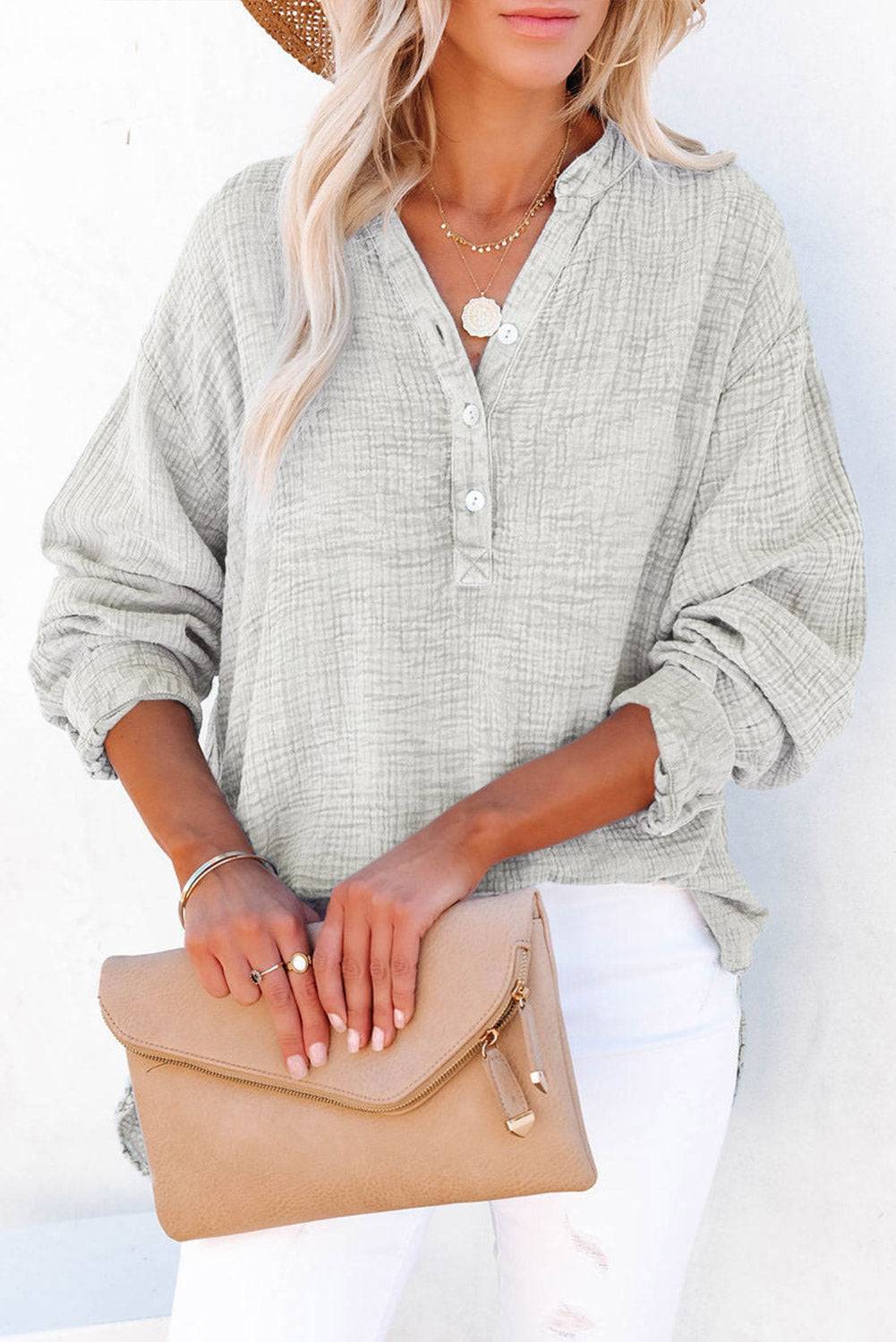 Buttoned Long Sleeve Blouse - OCEANE