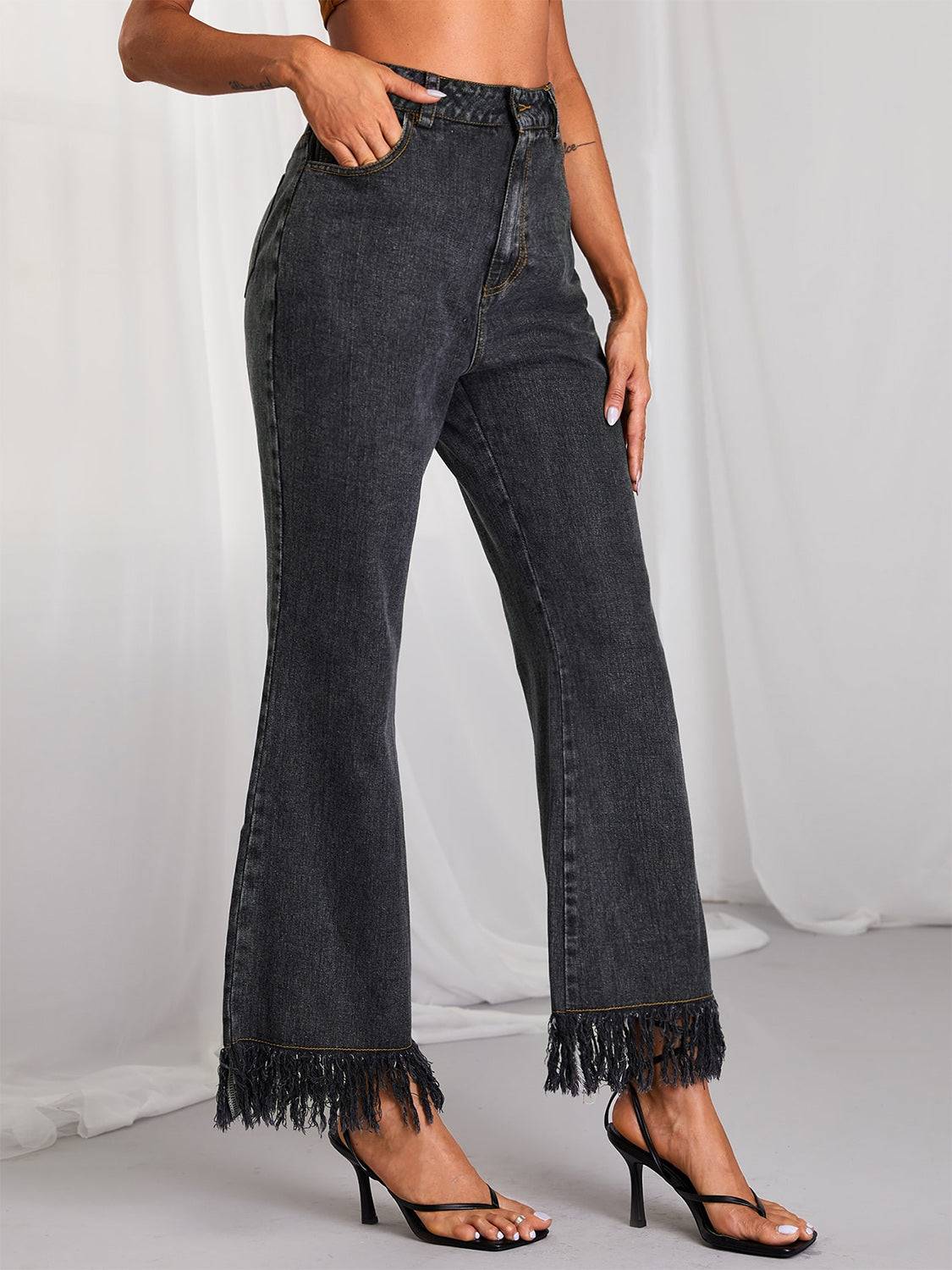 Fringe Detail Wide Leg Jeans - OCEANE