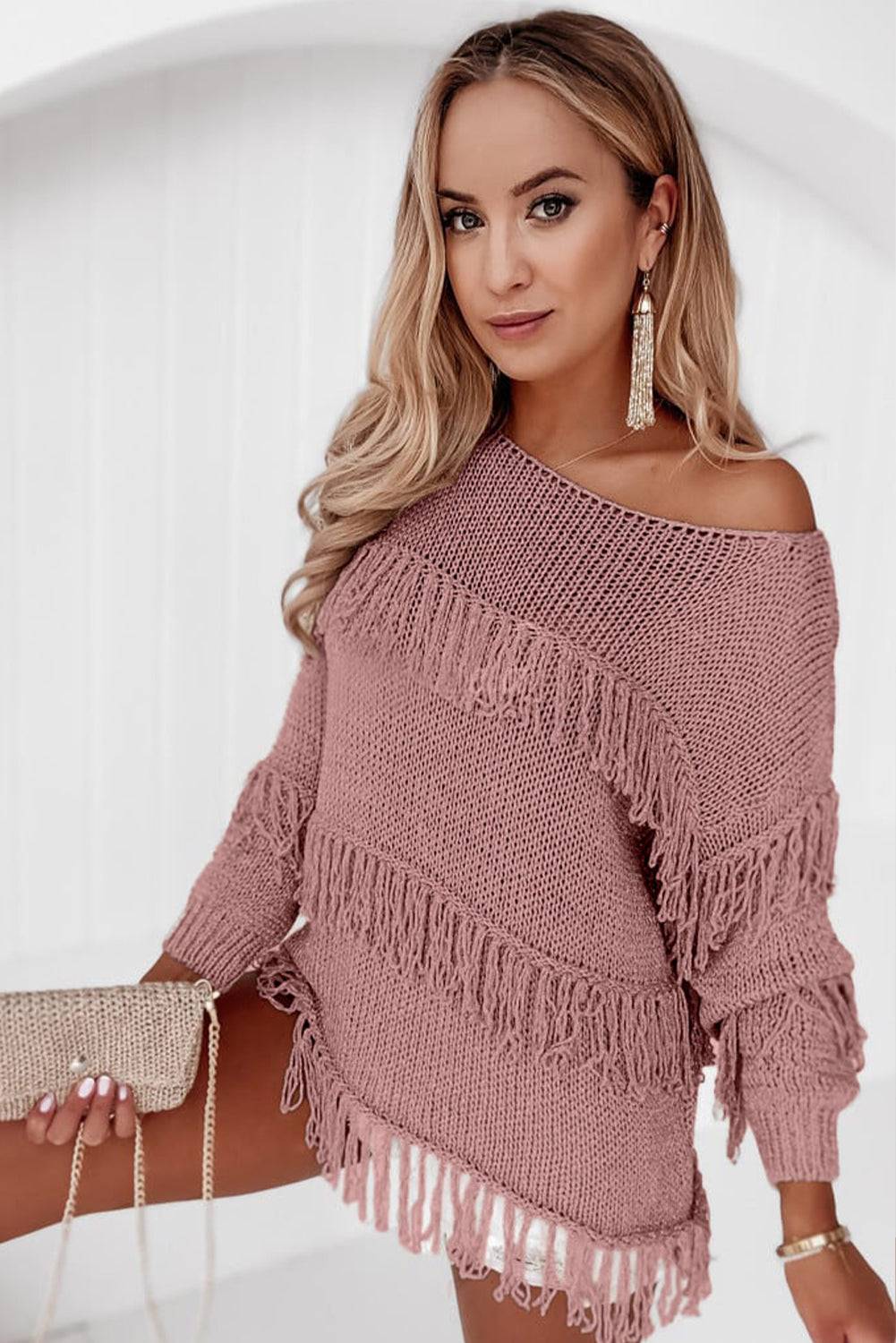 Fringe Detail Long Sleeve Sweater - OCEANE