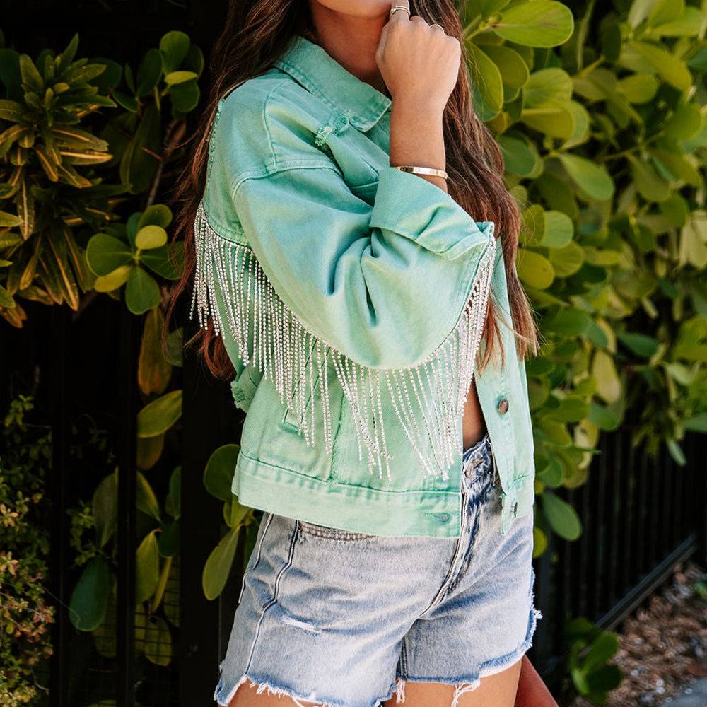 Fringe Detail Long Sleeve Denim Jacket - OCEANE