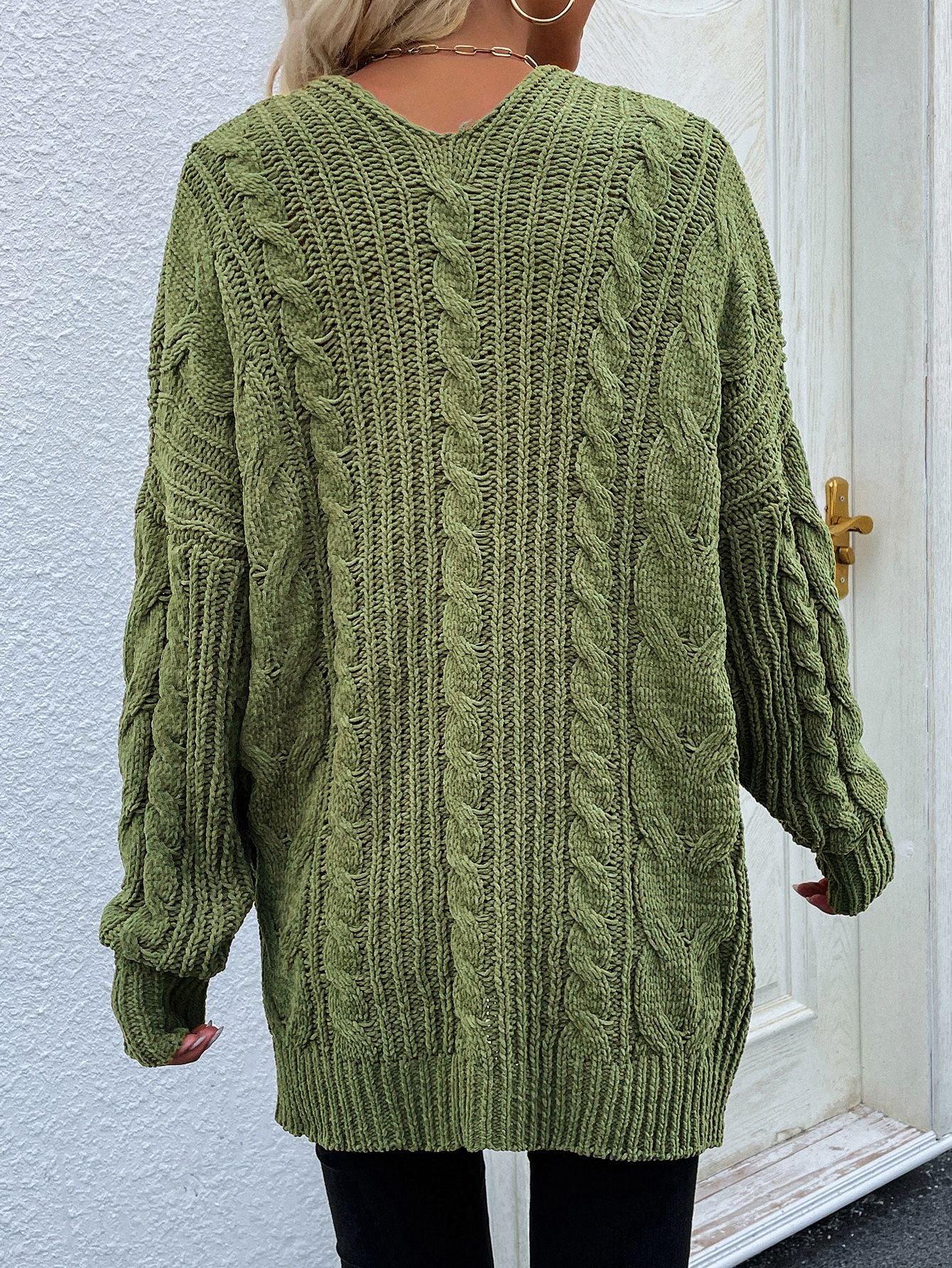 Woven Right Cable-Knit Open Front Cardigan with Front Pockets - OCEANE