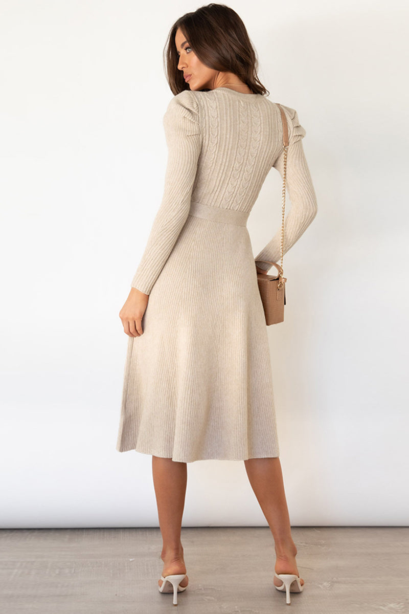 Round Neck Long Sleeve Tie Waist Sweater Dress - OCEANE