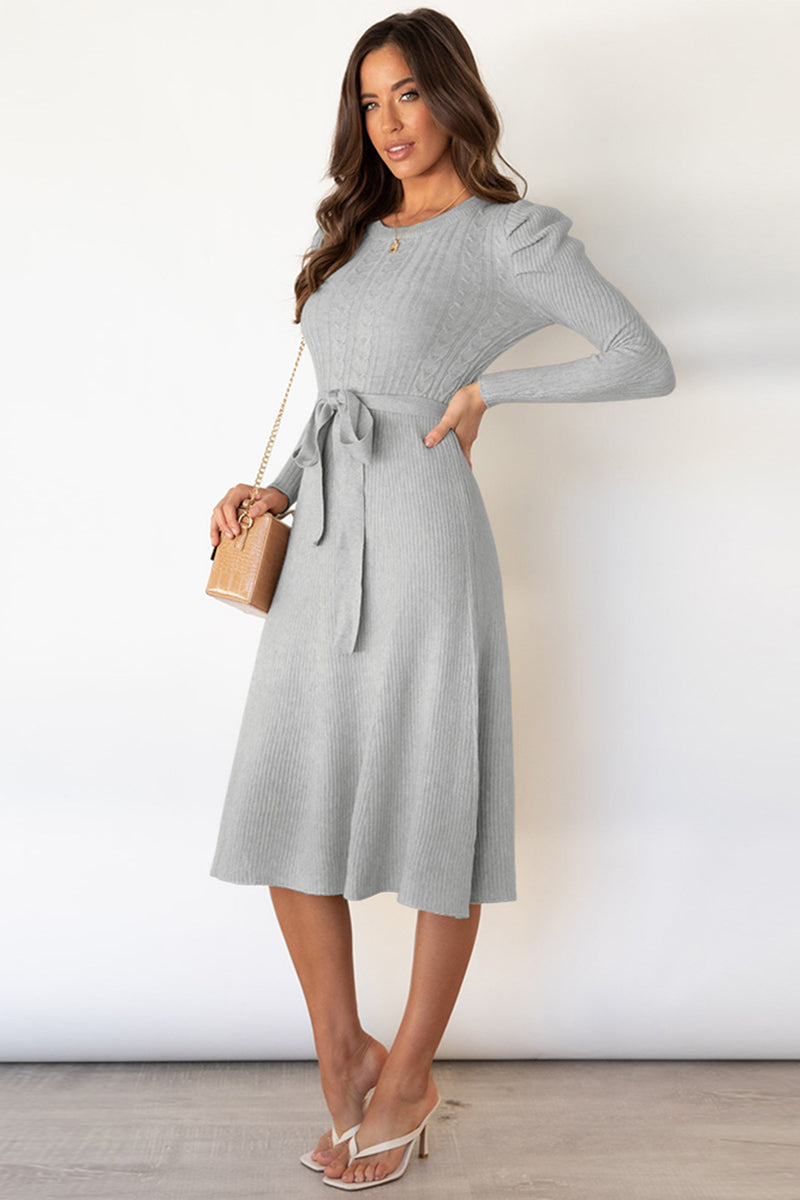 Round Neck Long Sleeve Tie Waist Sweater Dress - OCEANE