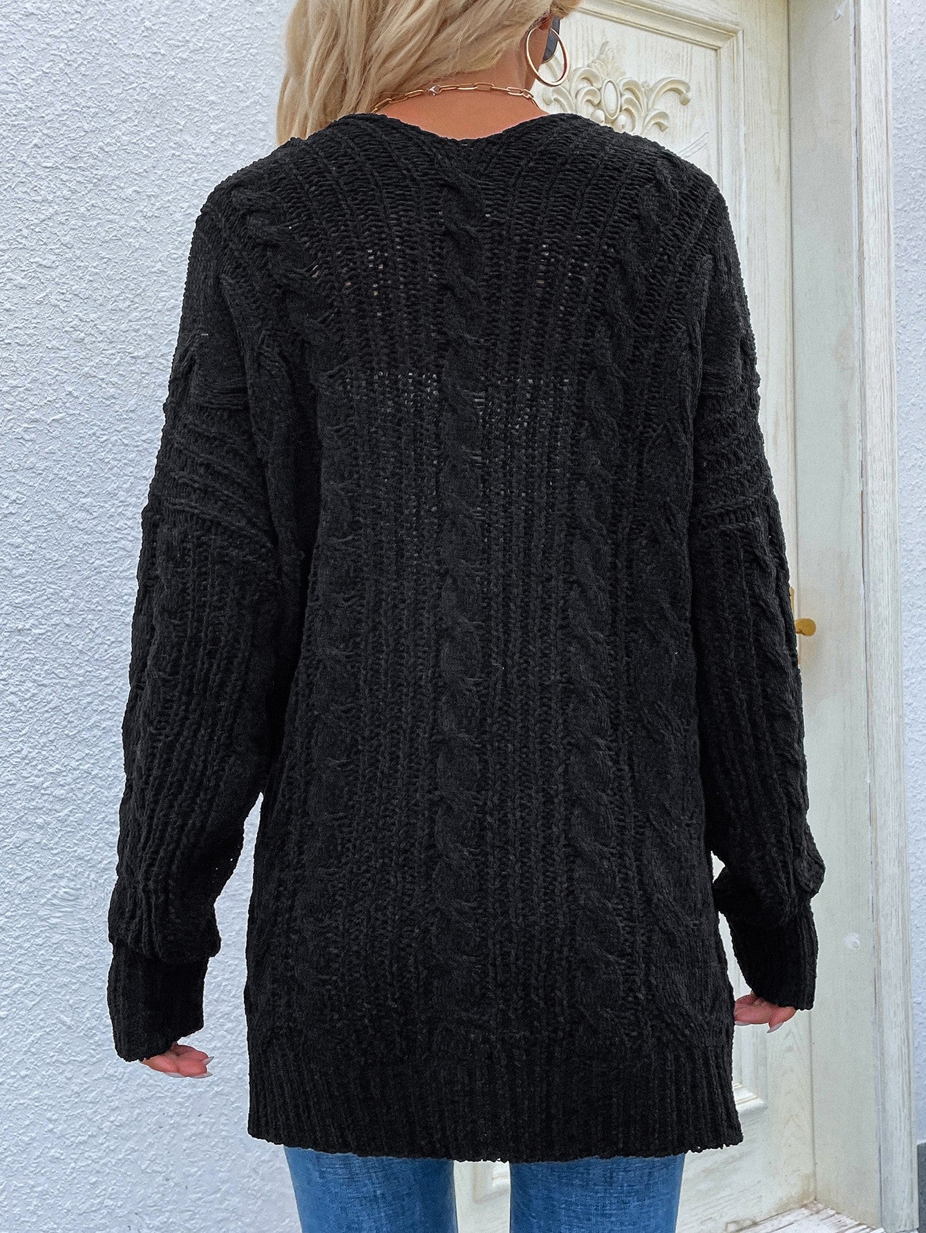 Woven Right Cable-Knit Open Front Cardigan with Front Pockets - OCEANE