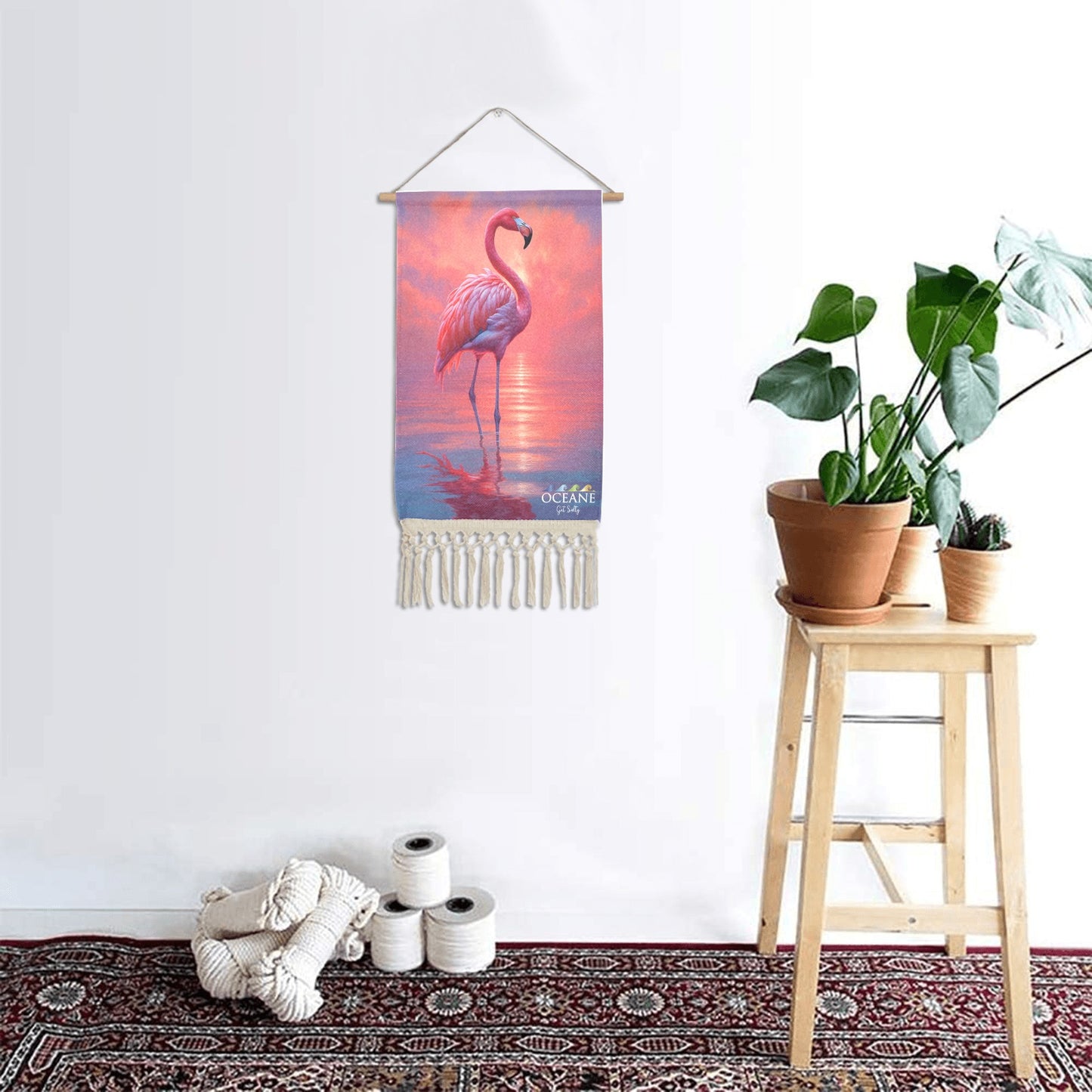 WALL ART PINK SUNSET FLAMINGO LINEN HANGING HOME DECOR by OCEANE - OCEANE