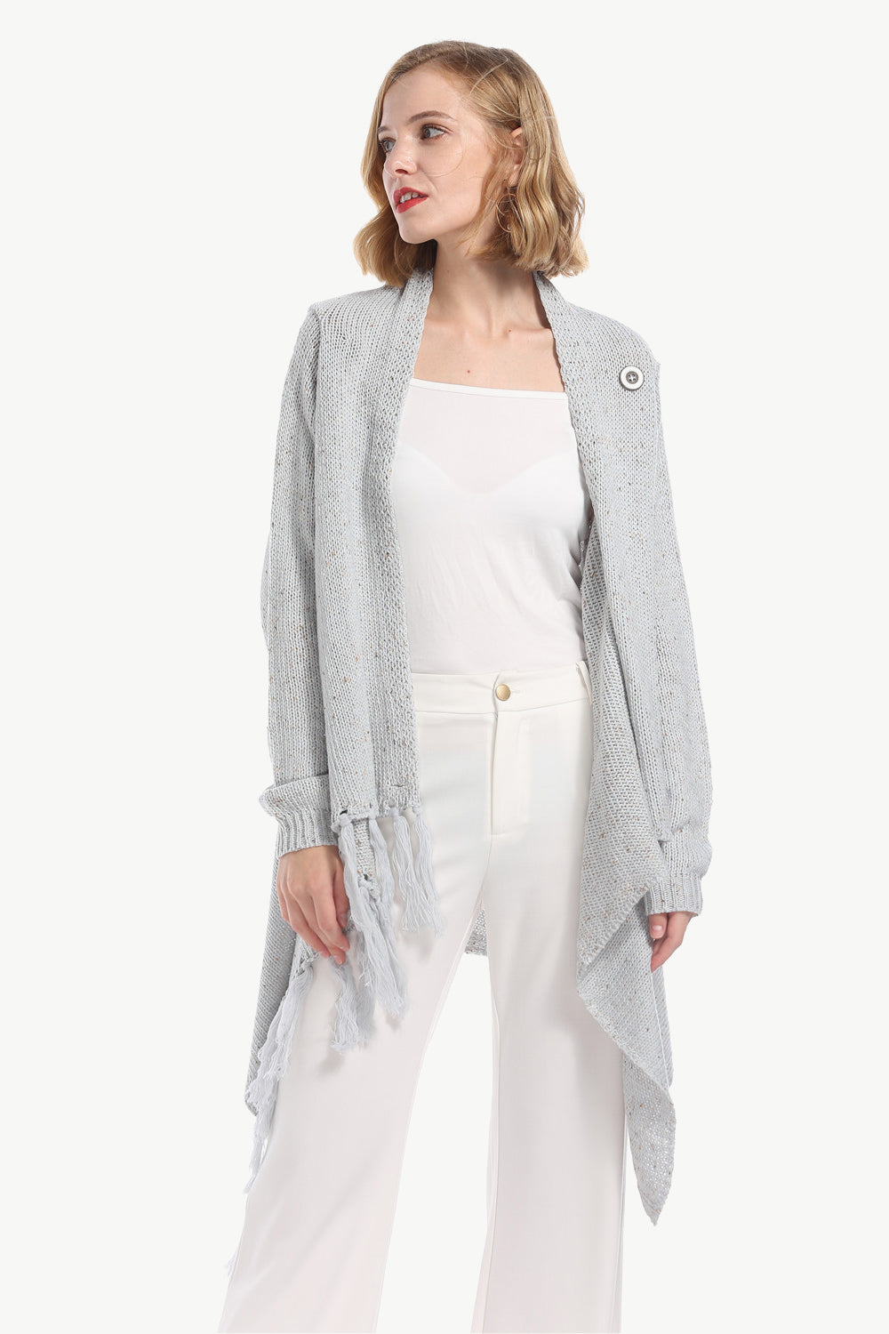 One-Button Tassel Tie Asymmetrical Hem Cardigan - OCEANE