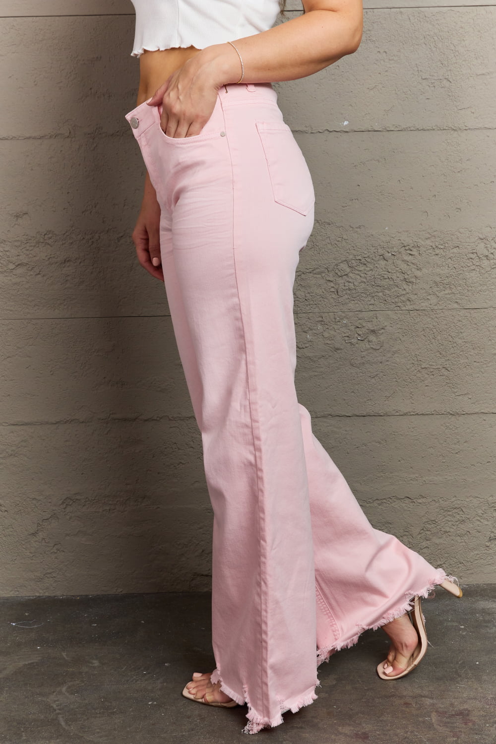 RISEN Raelene Full Size High Waist Wide Leg Jeans in Light Pink - OCEANE