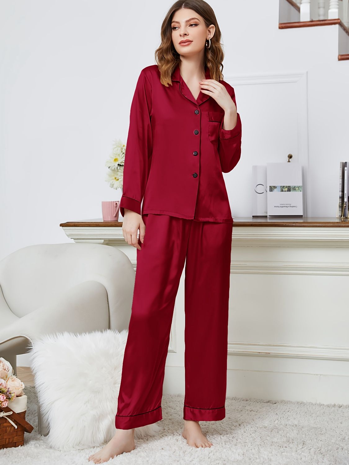 Lapel Collar Long Sleeve Top and Pants Pajama Set - OCEANE