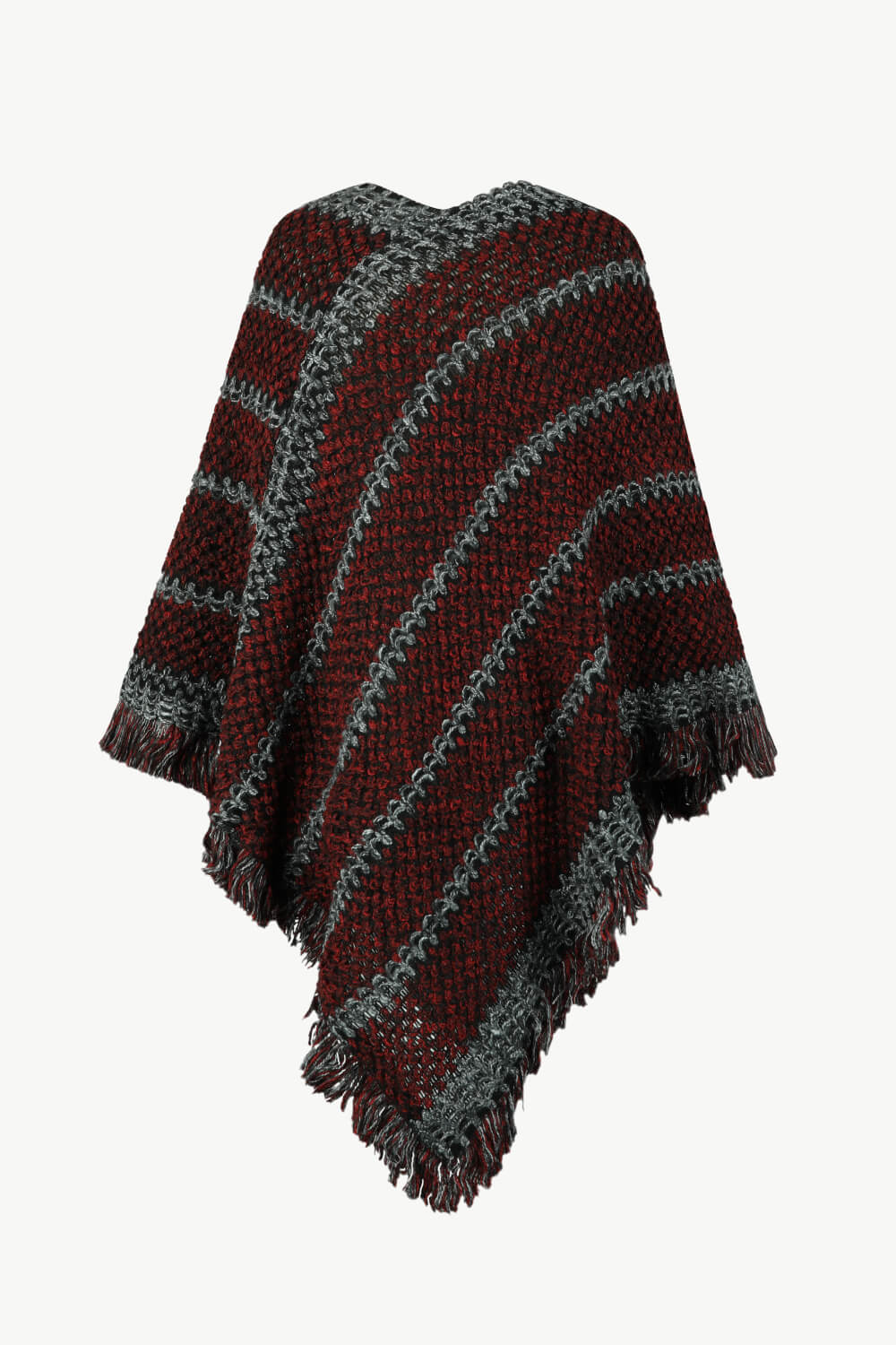 V-Neck Fringe Hem Poncho - OCEANE