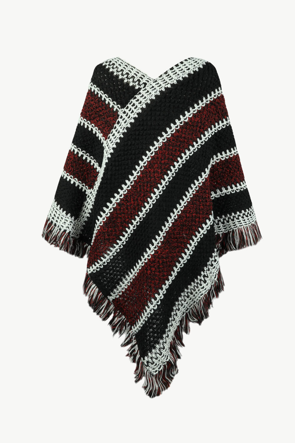 V-Neck Fringe Hem Poncho - OCEANE