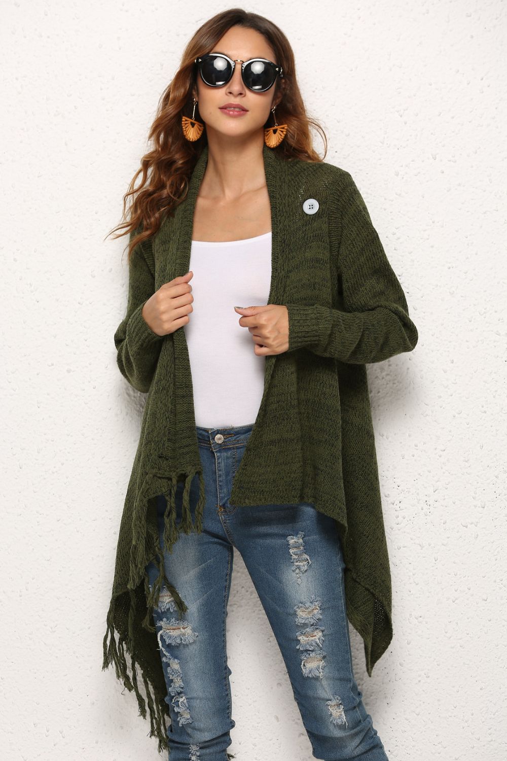 One-Button Tassel Tie Asymmetrical Hem Cardigan - OCEANE