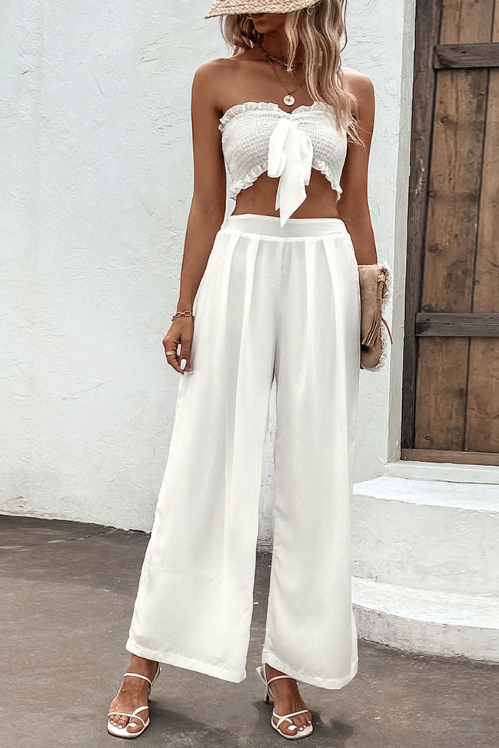 Smocked Tube Top and Wide Leg Pants Set - OCEANE