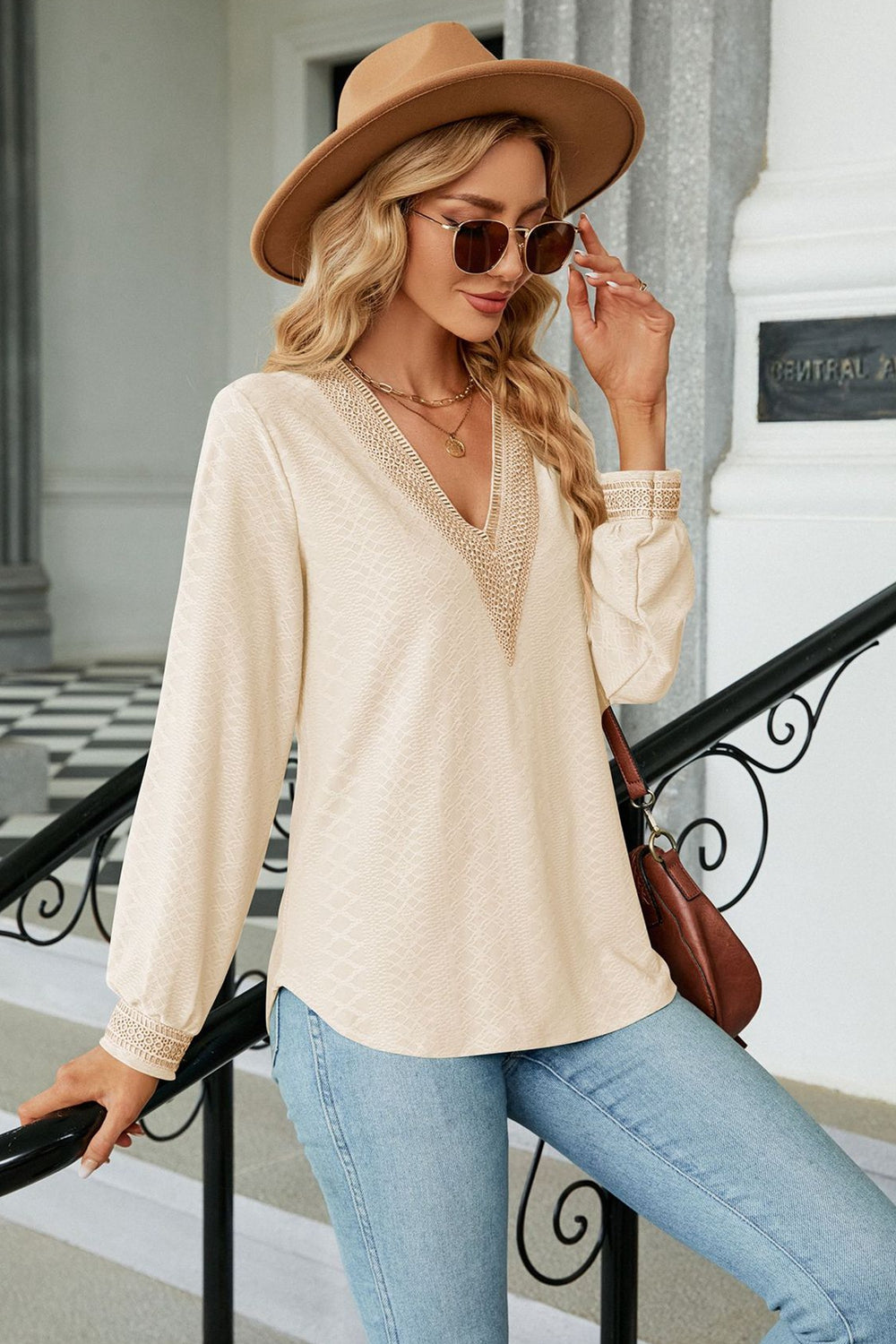 V-Neck Long Sleeve Blouse - OCEANE