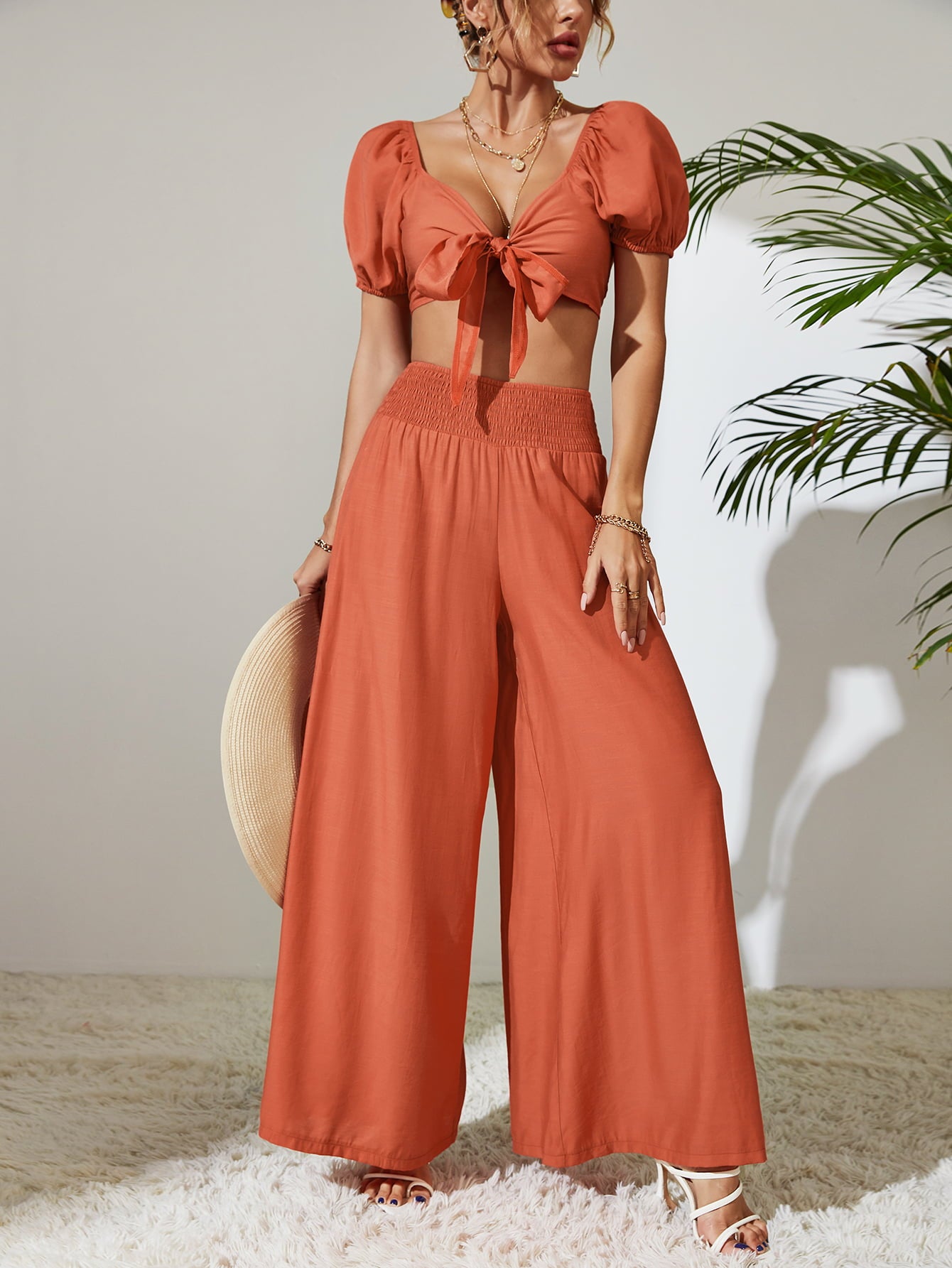 Tie Front Cropped Top and Smocked Wide Leg Pants Set - OCEANE