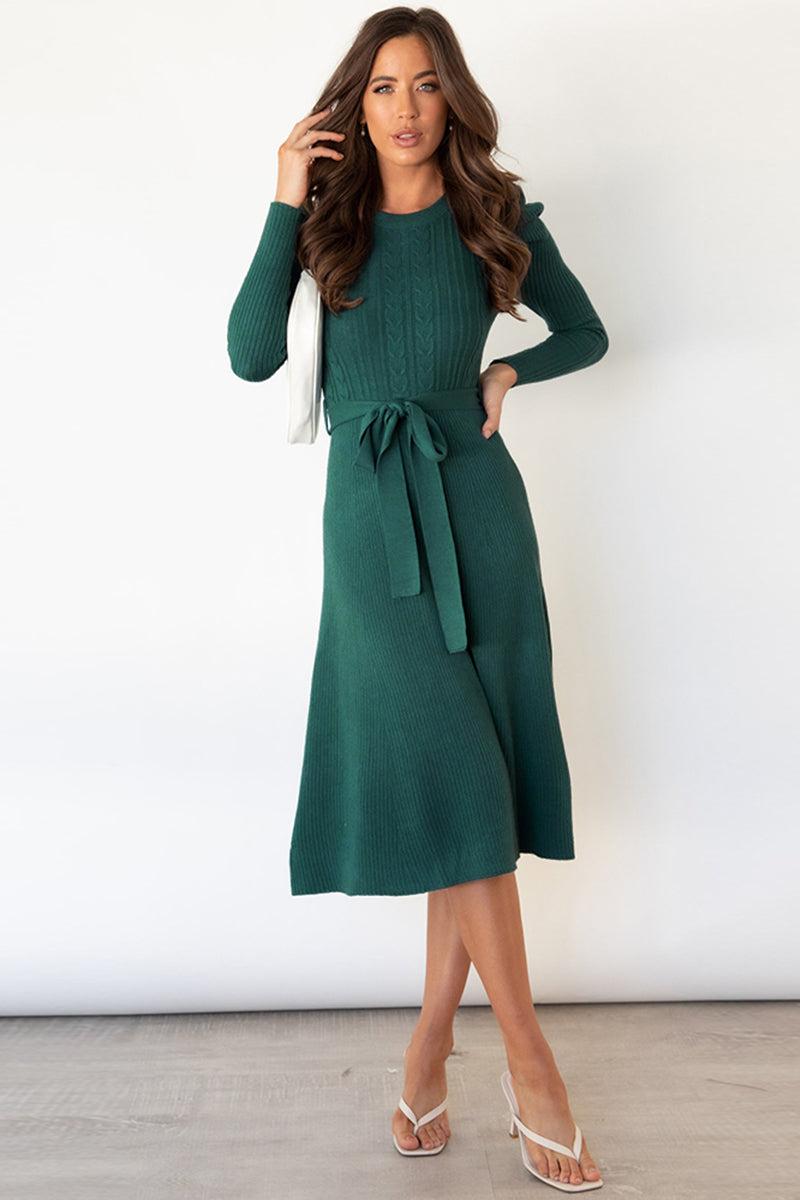 Round Neck Long Sleeve Tie Waist Sweater Dress - OCEANE