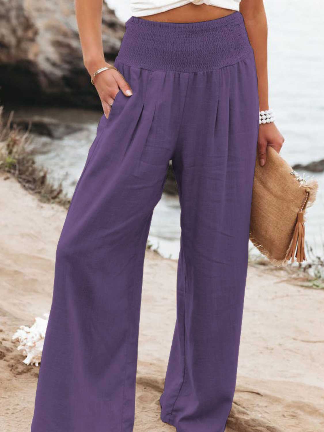 Full Size Smocked Waist Wide Leg Pants - OCEANE