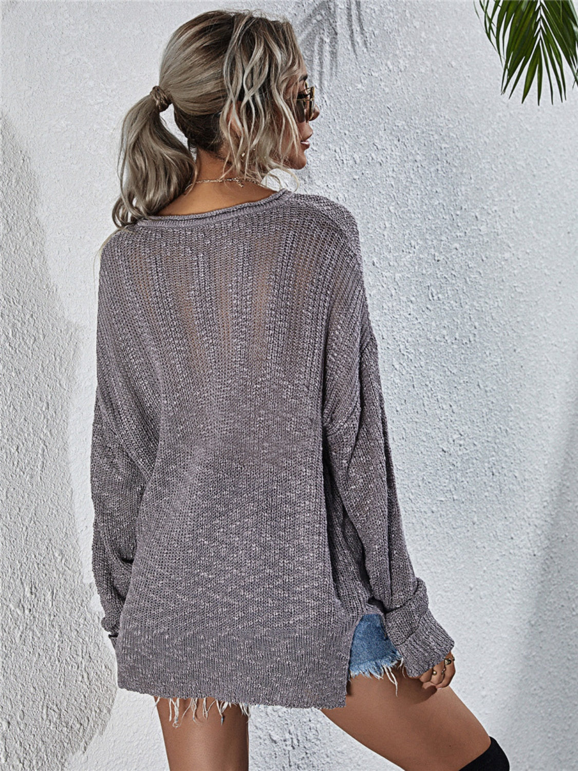 Notched Neck Slit Knit Top - OCEANE