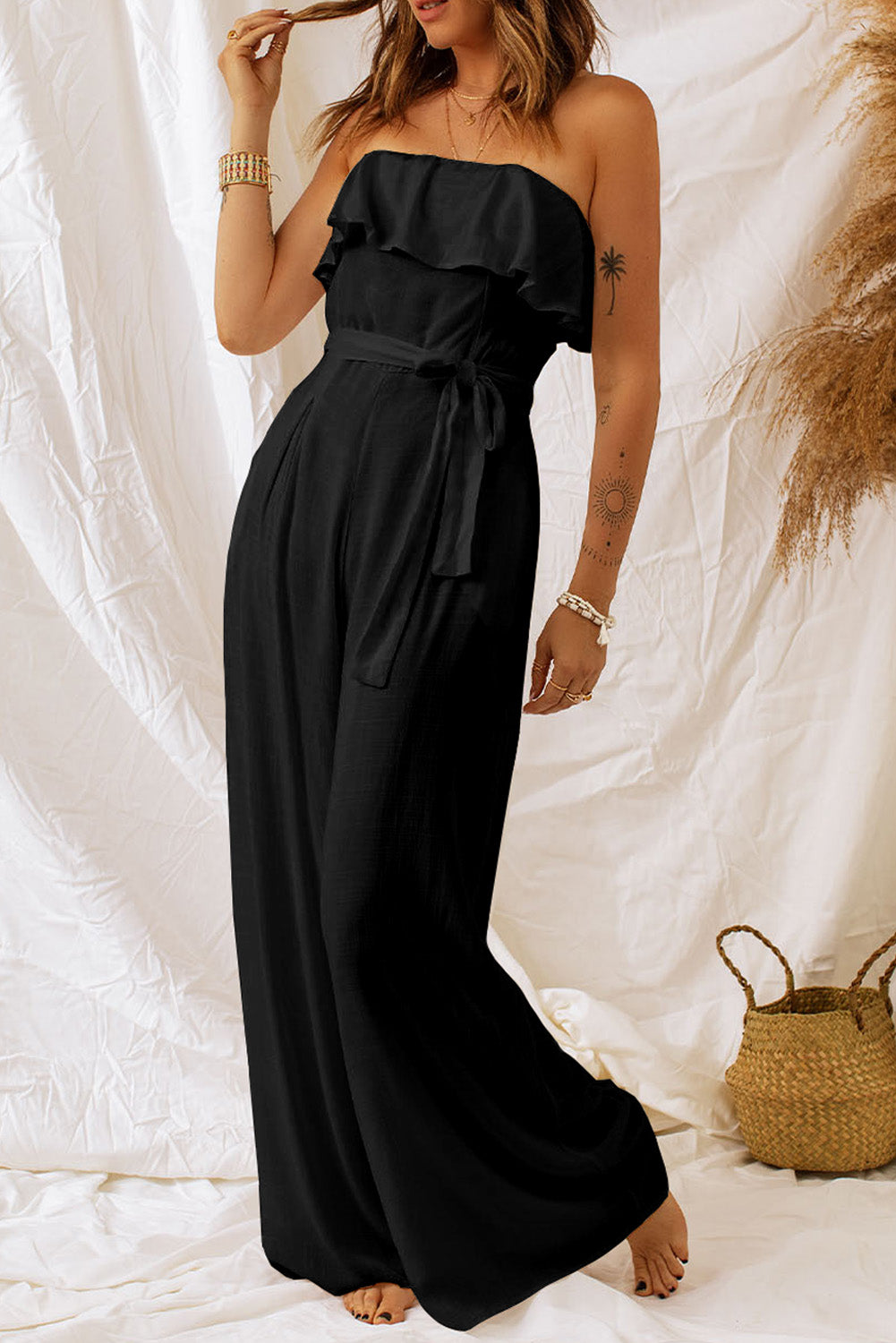 Tie-Waist Ruffled Strapless Wide Leg Jumpsuit - OCEANE