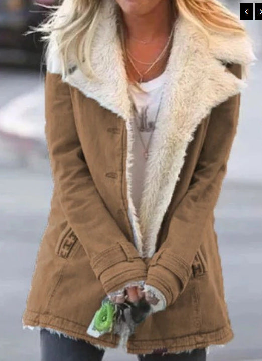 Autumn and winter solid color plush lapel mid-length coat