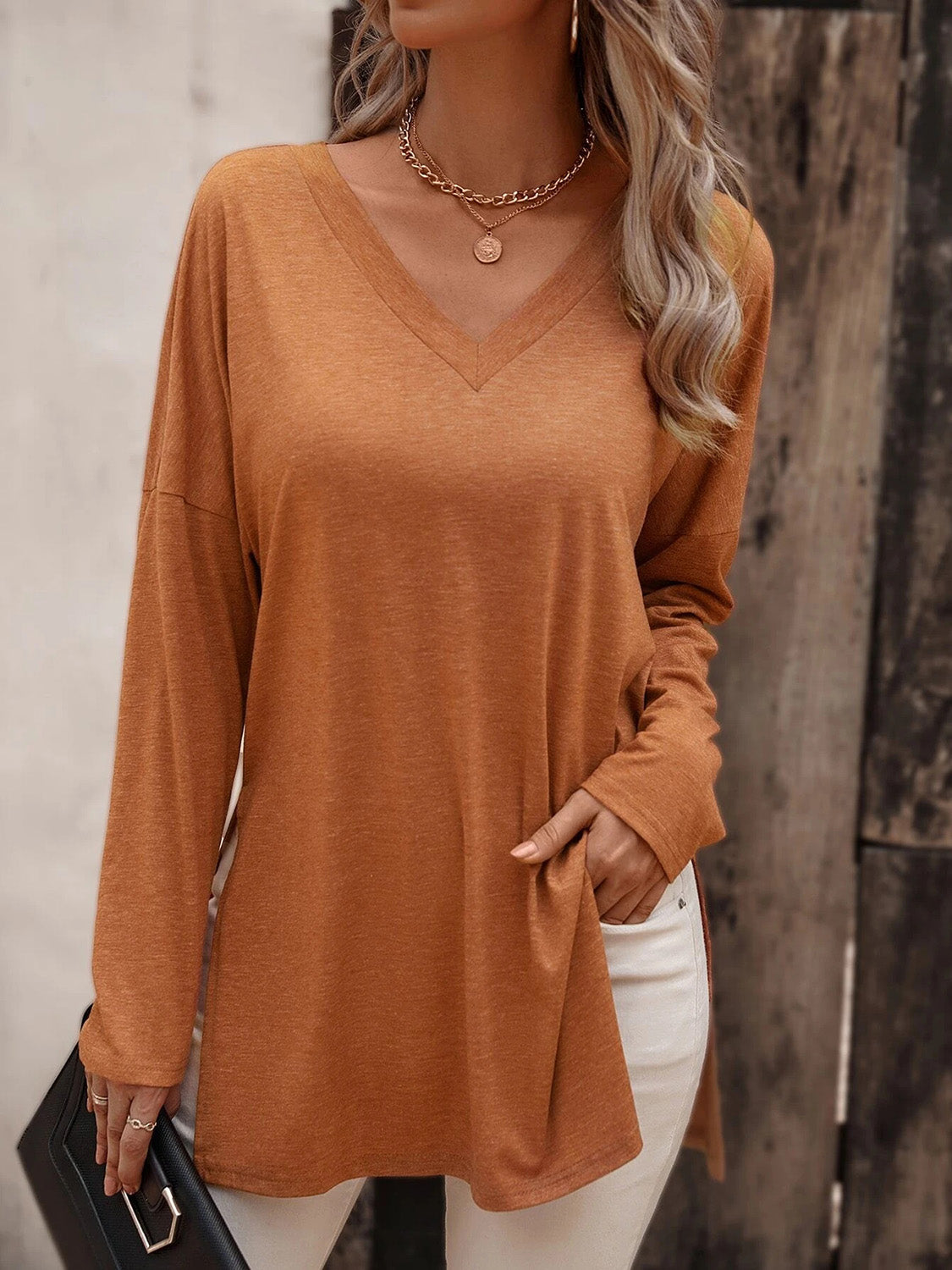 V-Neck Long Sleeve Slit Top - OCEANE