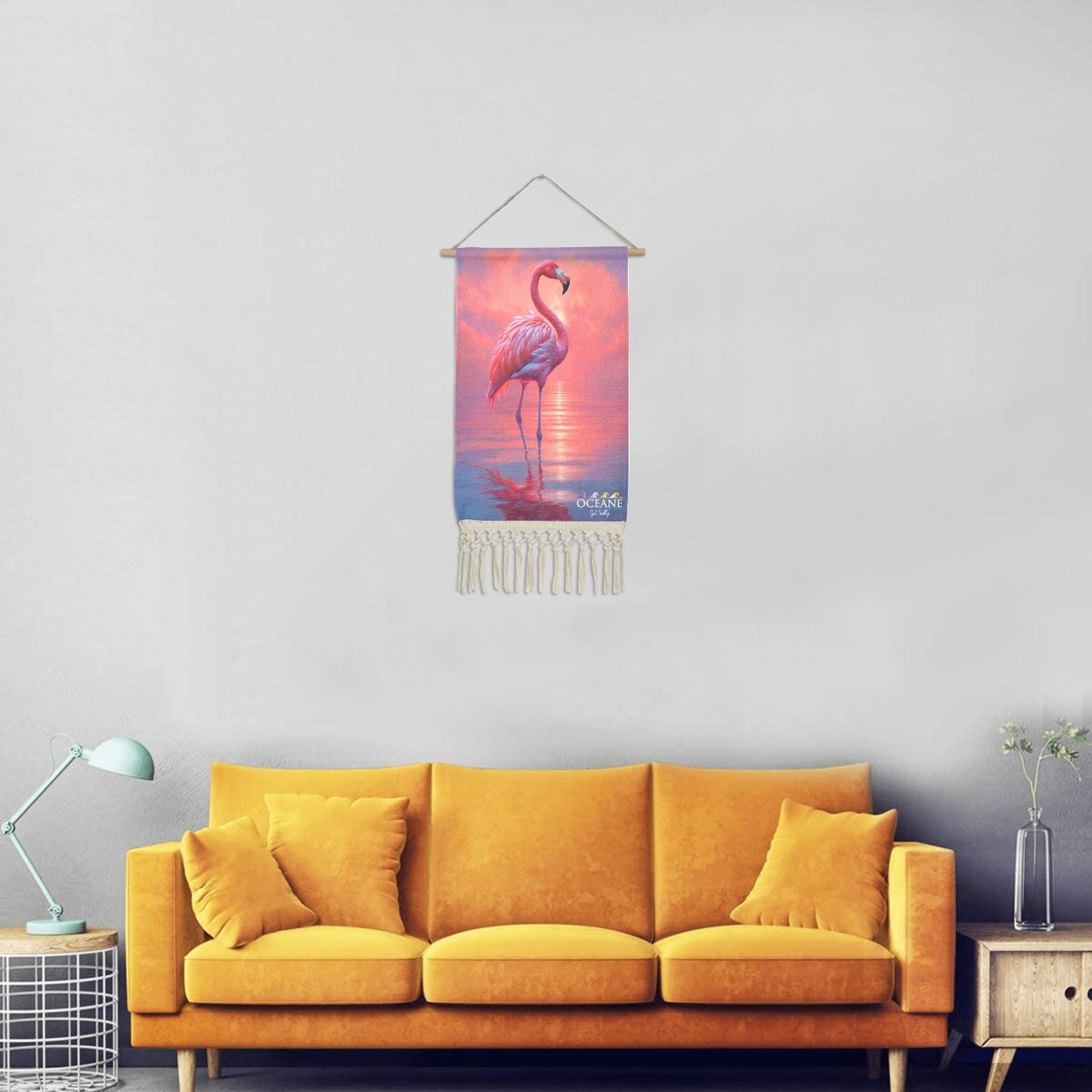 WALL ART PINK SUNSET FLAMINGO LINEN HANGING HOME DECOR by OCEANE - OCEANE