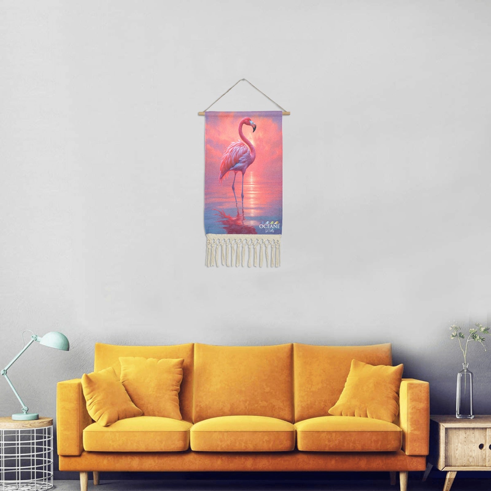 WALL ART PINK SUNSET FLAMINGO LINEN HANGING HOME DECOR by OCEANE - OCEANE