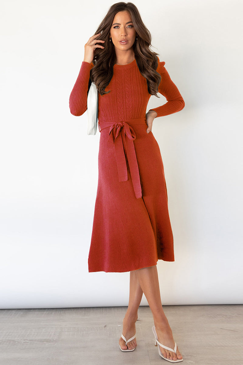 Round Neck Long Sleeve Tie Waist Sweater Dress - OCEANE